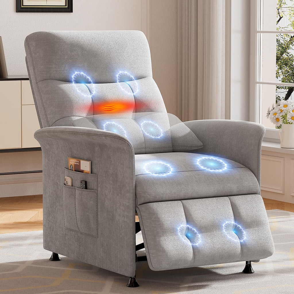 Power Recliner Chair for Adults with Heat & Massage - Soft Fabric Electric Reclining Sofa with Remote Control, 3 Side Pockets, 180° Lay Sleeper for Living Room Home Theater, Light Grey