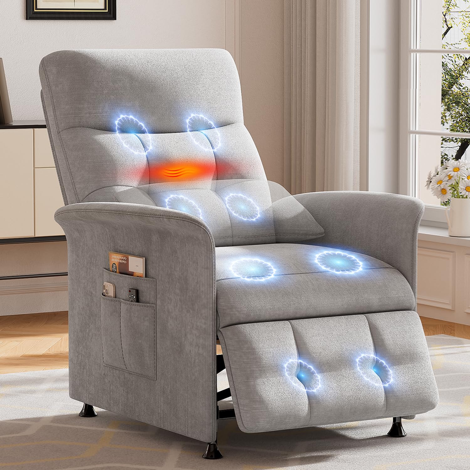 Power Recliner Chair for Adults with Heat & Massage - Soft Fabric Electric Reclining Sofa with Remote Control, 3 Side Pockets, 180° Lay Sleeper for Living Room Home Theater, Light Grey