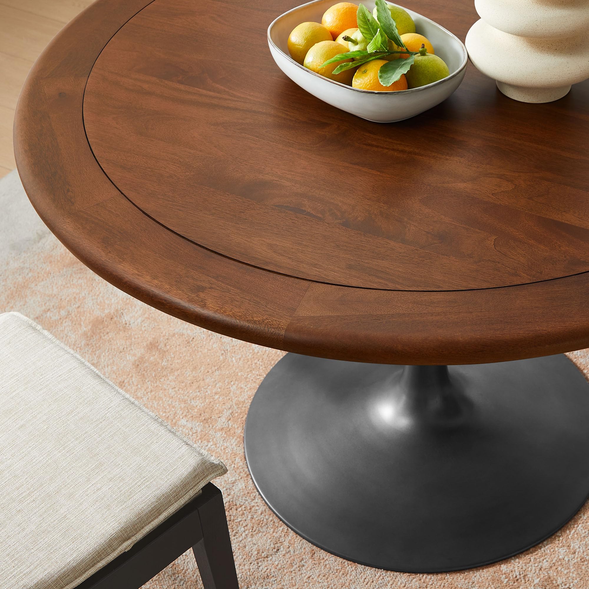 Modway Lippa 48 Inch Round Wood Dining Table with Metal Pedestal in Black Walnut - Modern Industrial Dining Table for 4 People - Solid Wood Tulip Kitchen Table