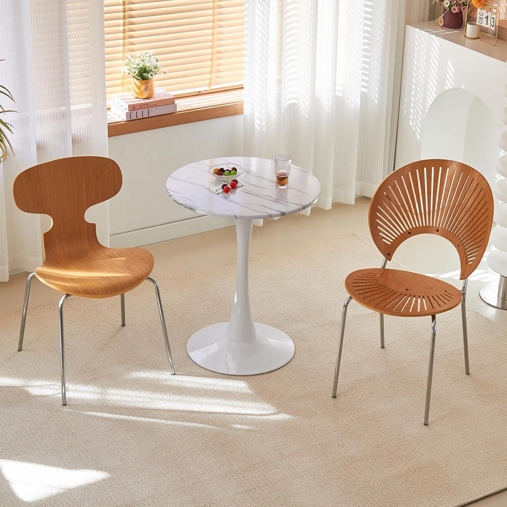 Hansweld Round Dining Table, 24" Circle Tulip Table with Thickened Tabletop & Metal Pedestal, Mid Century Modern Bistro Table for Kitchen, Small Places, Living Room, Cafe (Marble White)