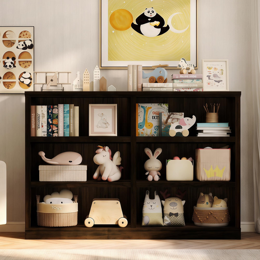 64" W Double Wide Open Shelf Bookcase, 3 Tiers 6 Storage Cube Book Shelf