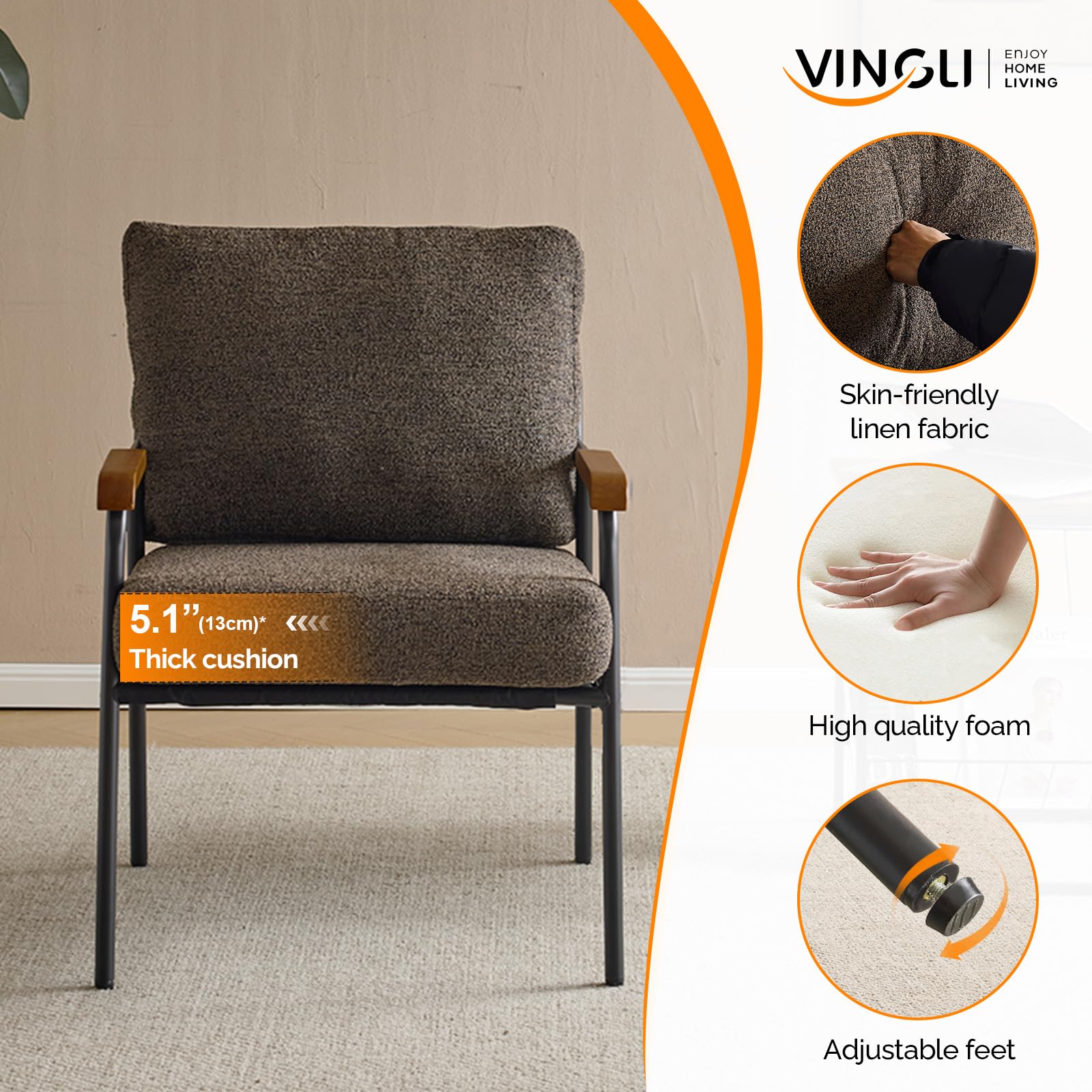 Mid-Century Modern Accent Armchairs Set of 2 for Office, Small Comfy Upholstered Leisure Reading Chairs with Wood Armrests for Office, Bedroom, Living Room, Waiting Room, Linen Expresso