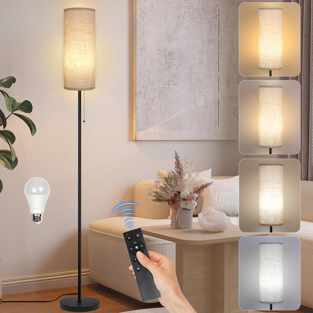 Floor Lamp for Living Room, Modern Standing Lamps with Lampshade, Minimalist Tall Lamp with Chain Switch for Living Room, LED Bulb Included (Beige Shade-Remote Bulb)