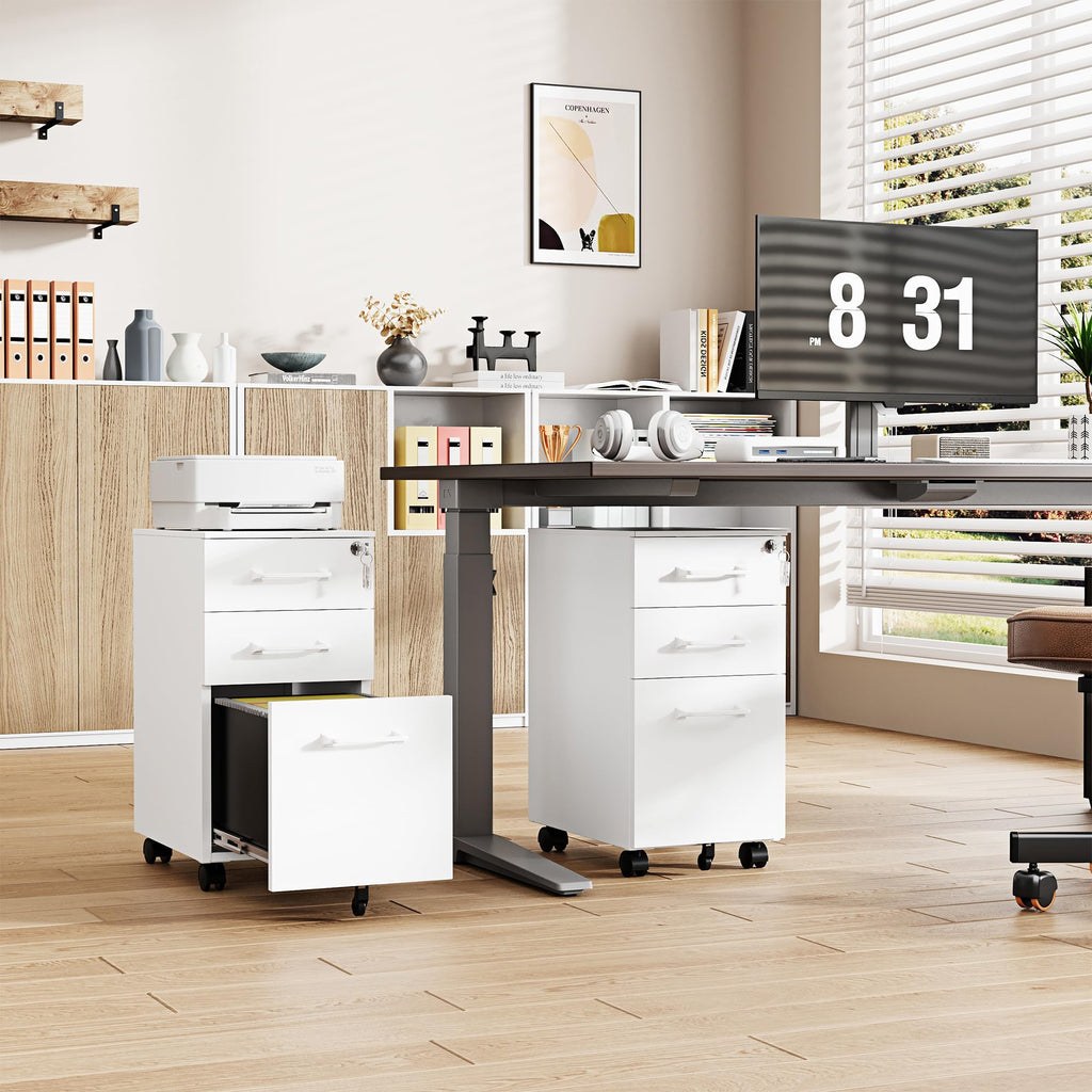 3 Drawer Slim File Cabinet, Mobile File Cabinet with Lock for Home Office, Rolling Narrow File Cabinet, Under Desk Locking Filing Cabinet on Wheels for Legal/Letter/A4 File(Unassembled,White)