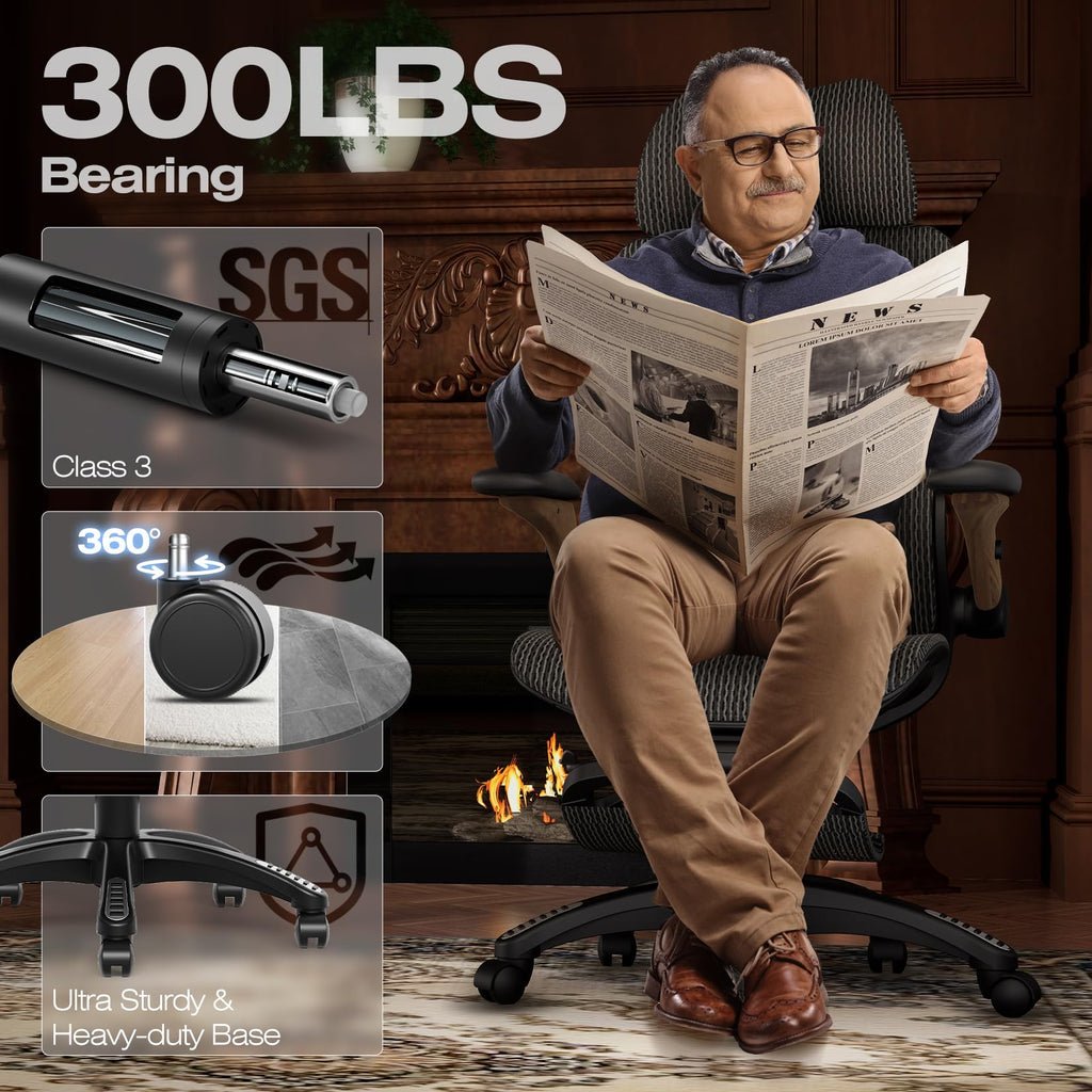 X100 Ergonomic Office Chair with Footrest, Big and Tall Home Desk Chair with 5D Flip-Up Arms, Adjustable 3D Lumbar Support,High Back Rolling Computer Chair, Swivel Mesh Chairs (Library Oak)