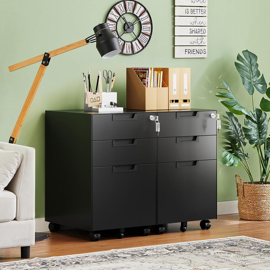 3 Drawer Mobile File Cabinet with Lock,Under Desk Metal Small Filing Cabinets for Home Office Organizer Letters/Legal/A4(Fully Assembled Except Wheels-Black)