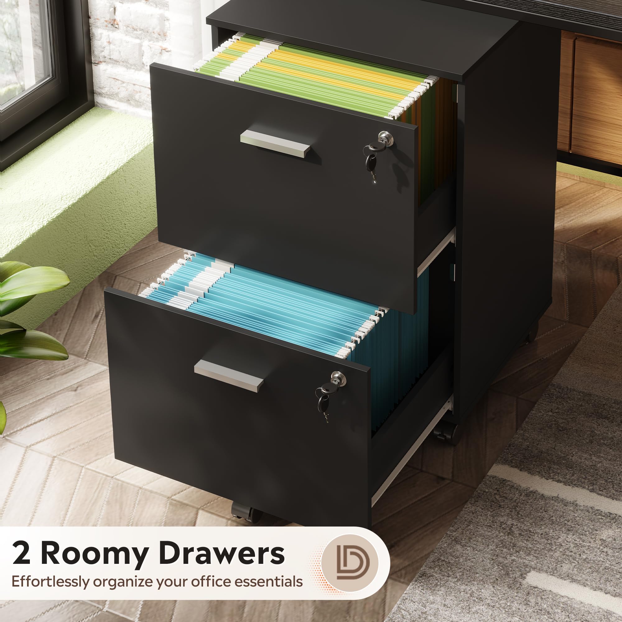 2 Drawer Wood File Cabinet with Lock, Mobile Printer Stand, Black