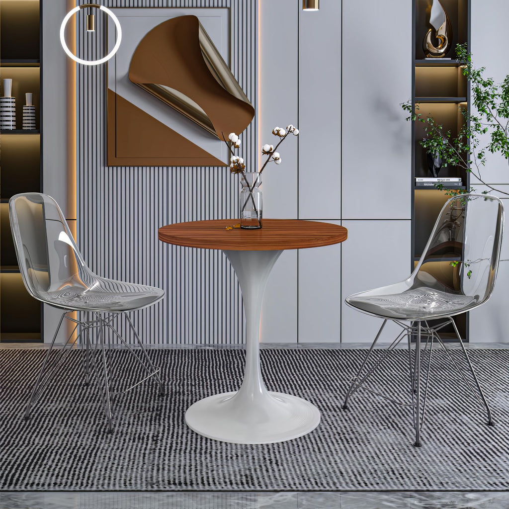 LeisureMod Verve Mid-Century Modern 27 Inch Round Dining Table, MDF Wood Tabletop with White Steel Pedestal Base, Contemporary Kitchen & Dining Room, Small Space Breakfast Table, Cognac Brown