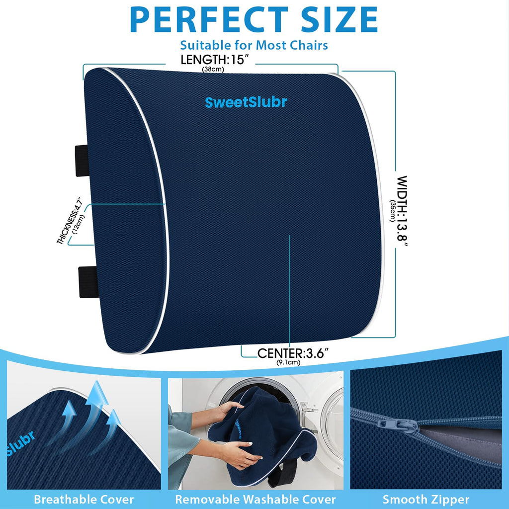 Large Lumbar Support Pillow for Office Chair, Car Seats and Home Desks, Ergonomic Back Support with Double Adjustable Straps, Machine Washable Cover (Blue,XL)