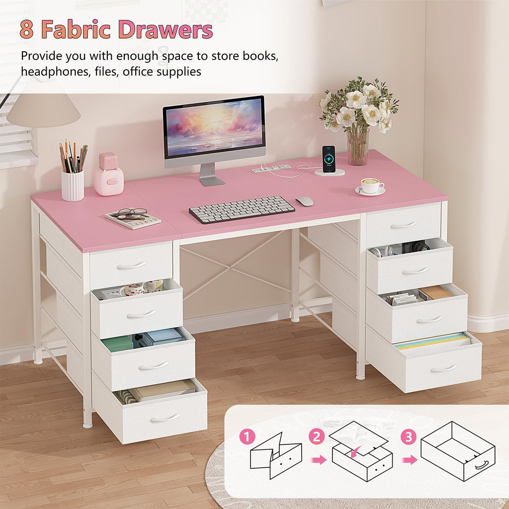 50 Inch Computer Desk with 8 Drawers, Home Office Desk with Power Outlets, Work Study Gaming Desk with 8 Fabric Drawers, Pink
