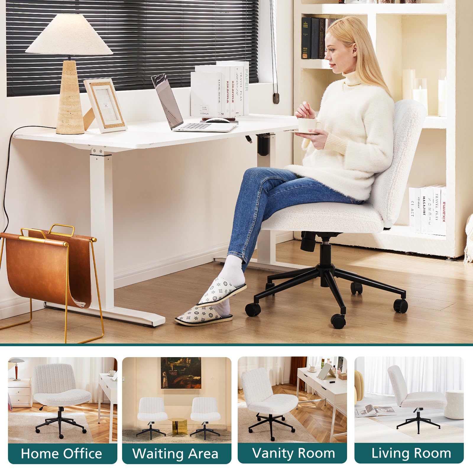 Criss Cross Chair with Wheels Wide Cross Legged Office Desk Vanity Chair Comfy Fabric Armless Adjustable Swivel for Home Computer Task Teddy Beige