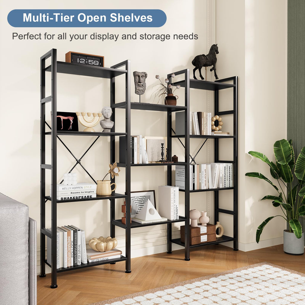 Triple Column 4 Tier Bookshelf, Wide Industrial Bookcase, Black
