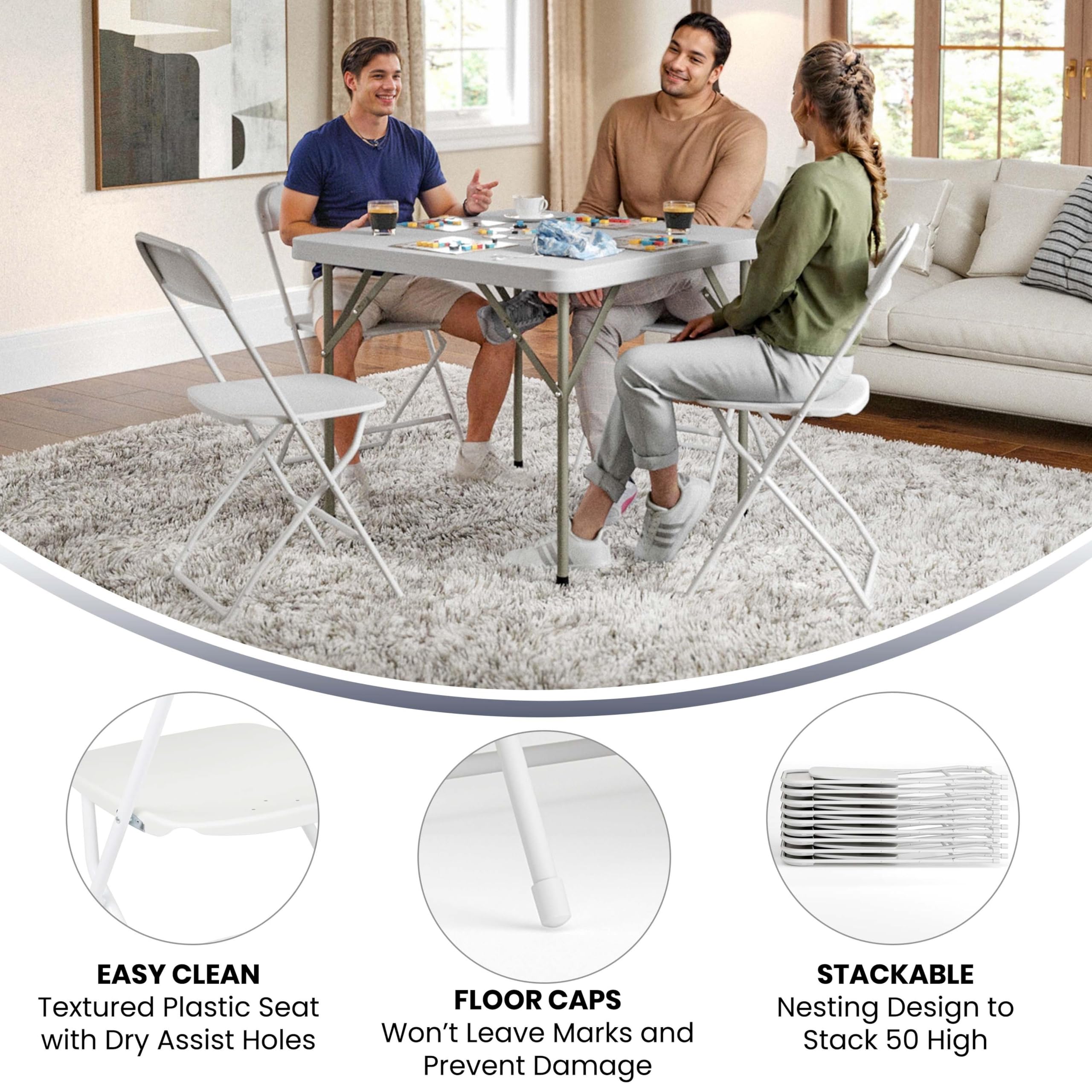 4 Pack, Hercules Series Plastic Folding Chair - White - 650LB Weight Capacity Comfortable Event Chair-Lightweight Folding Chair
