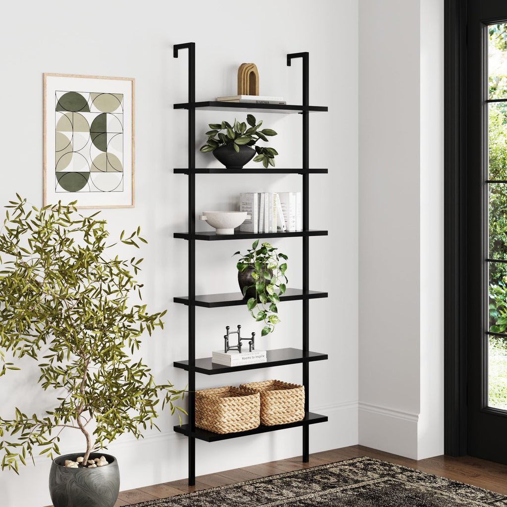 6-Shelf Tall Bookcase, Wall Mount Bookshelf Wood Shelves and Metal Frame, Matte Black