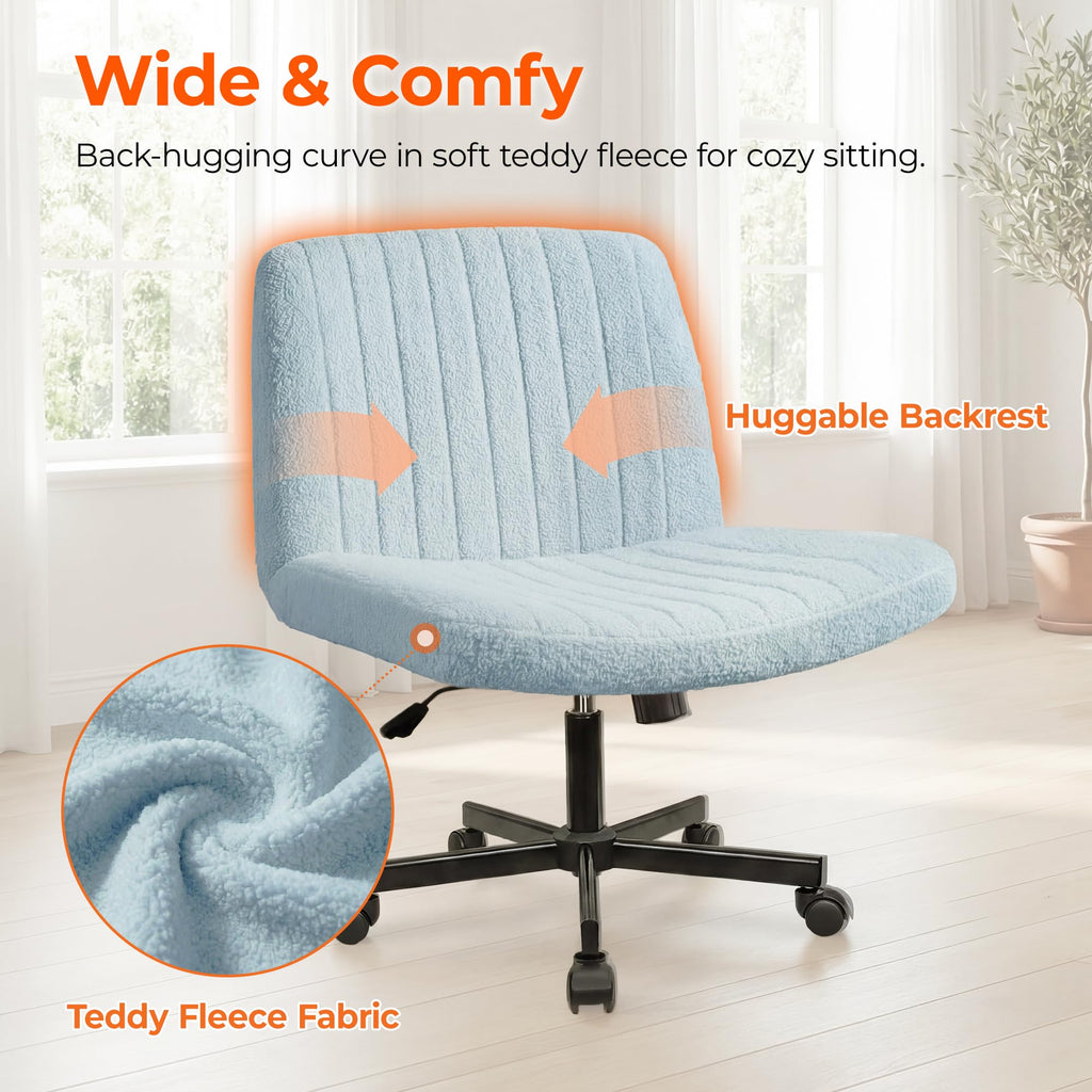 Criss Cross Chair Wheels Vanity Chair Office Desk Comfy Wide Cross Legged Armless Teddy Fabric Adjustable Swivel for Home Computer Task (Blue, Teddy Fleece)