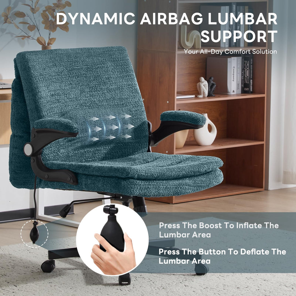 Criss Cross Office Chair with 2 in 1 Inflatable Flip-up Back, Ergonomic Wide Seat Desk Chair with Adjustable Arms and Wheels, Cross Legged Office Chair for Home & Office, Dark Green