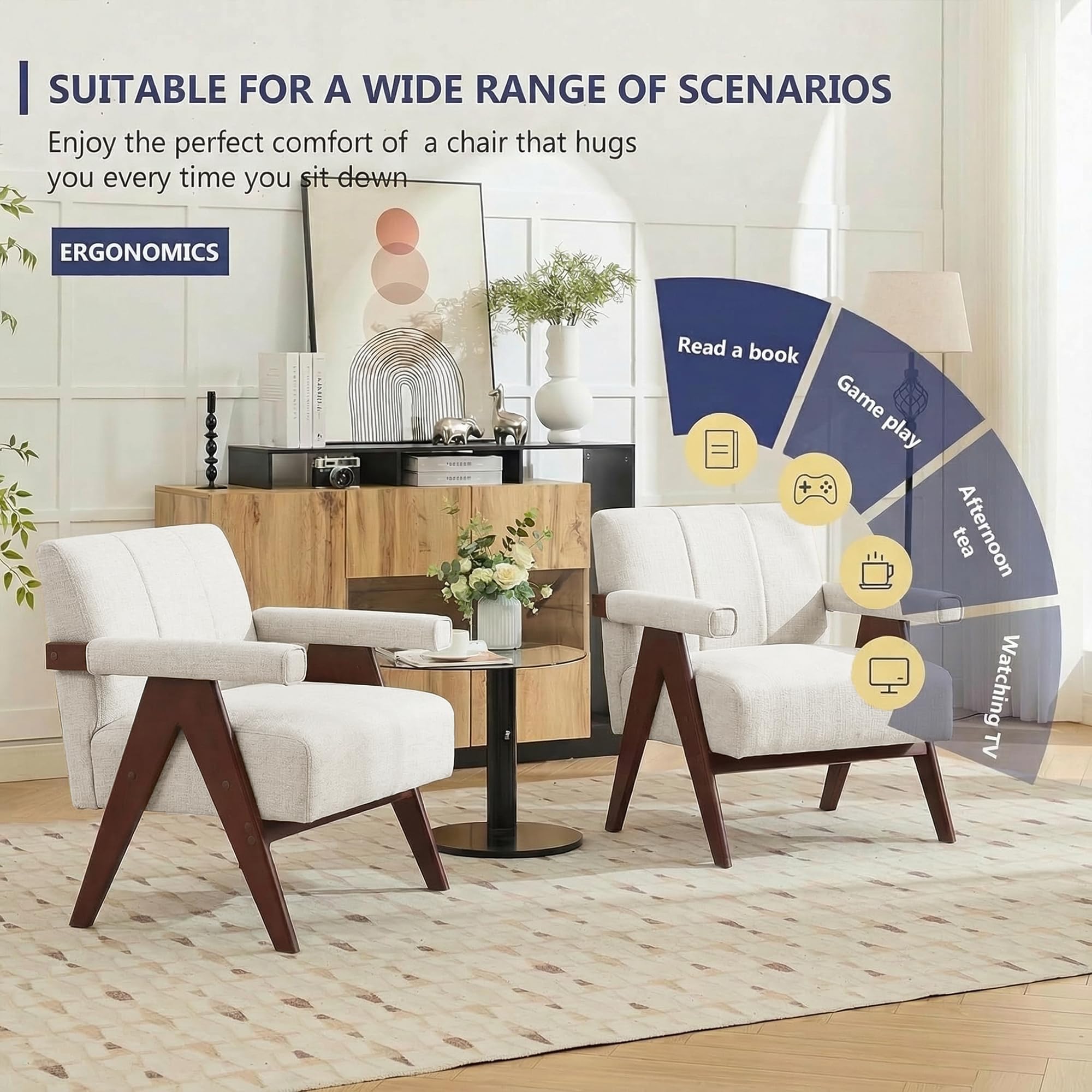 White Mid Century Modern Accent Chair, Solid Wood Frame White Linen Armchairs, Modern Reading & Living Room Chairs for Office Guest & Waiting Room