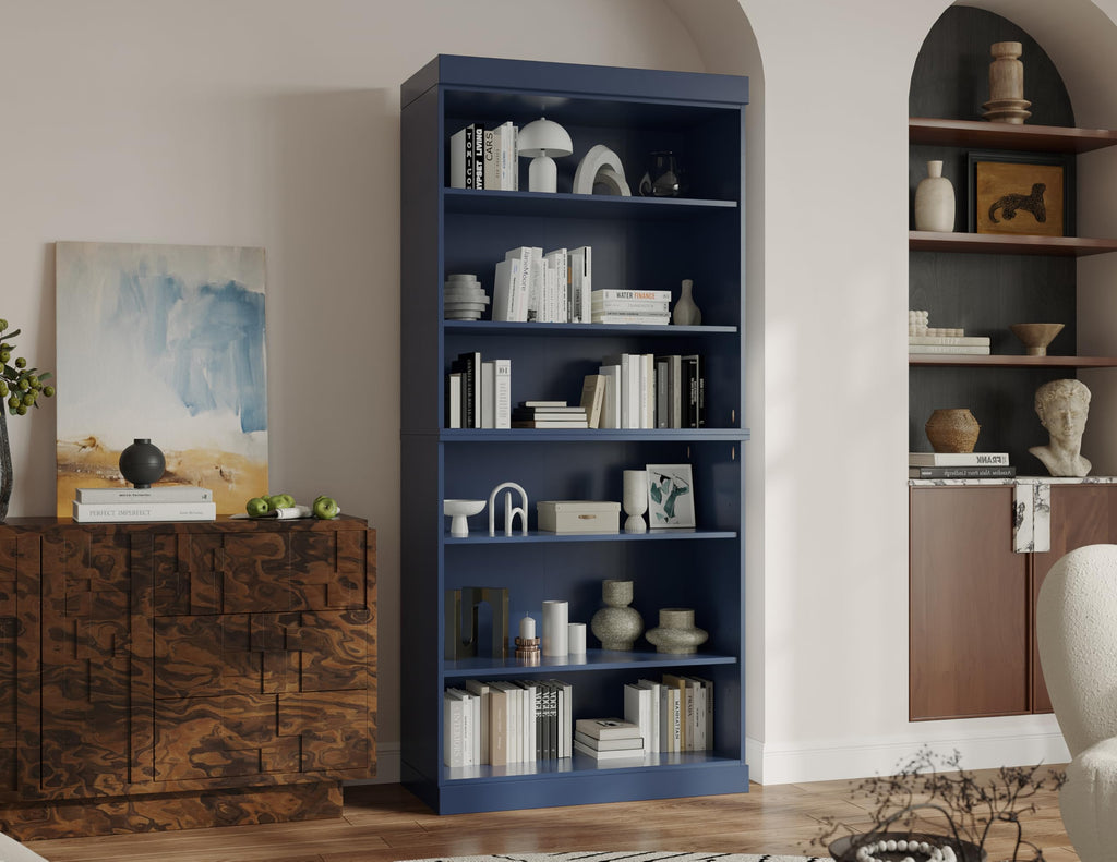 Solid Wood Bookcase - Stackable Modular 6-Tier Bookshelf - 71.5" Tall x 32" W - Navy Blue, Open Display Shelf for Living Room, Office, Renewable 100% Eco-Friendly Wood, Made in Brazil