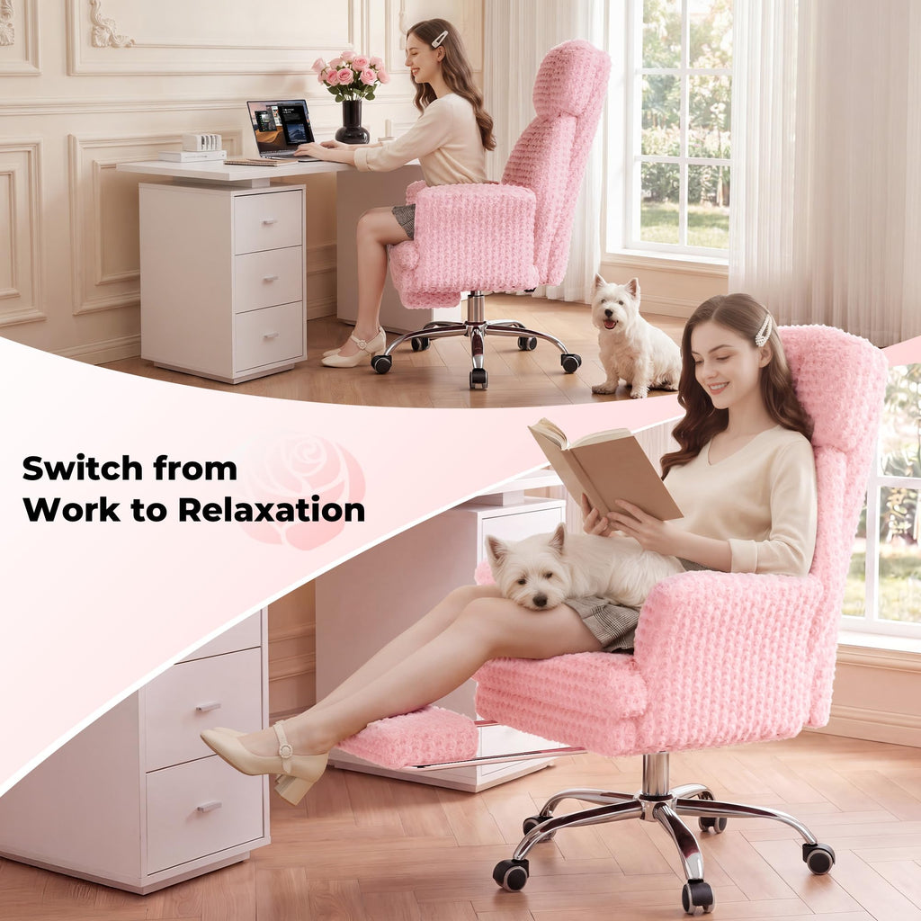 Big and Tall Office Chair, Flip Armrests for Pets & Cross Legged Sitting, Executive Ergonomic Computer Gaming Chair with Foot Rest, Rose Velvet Pink Wide Seat Reclining Desk Chair