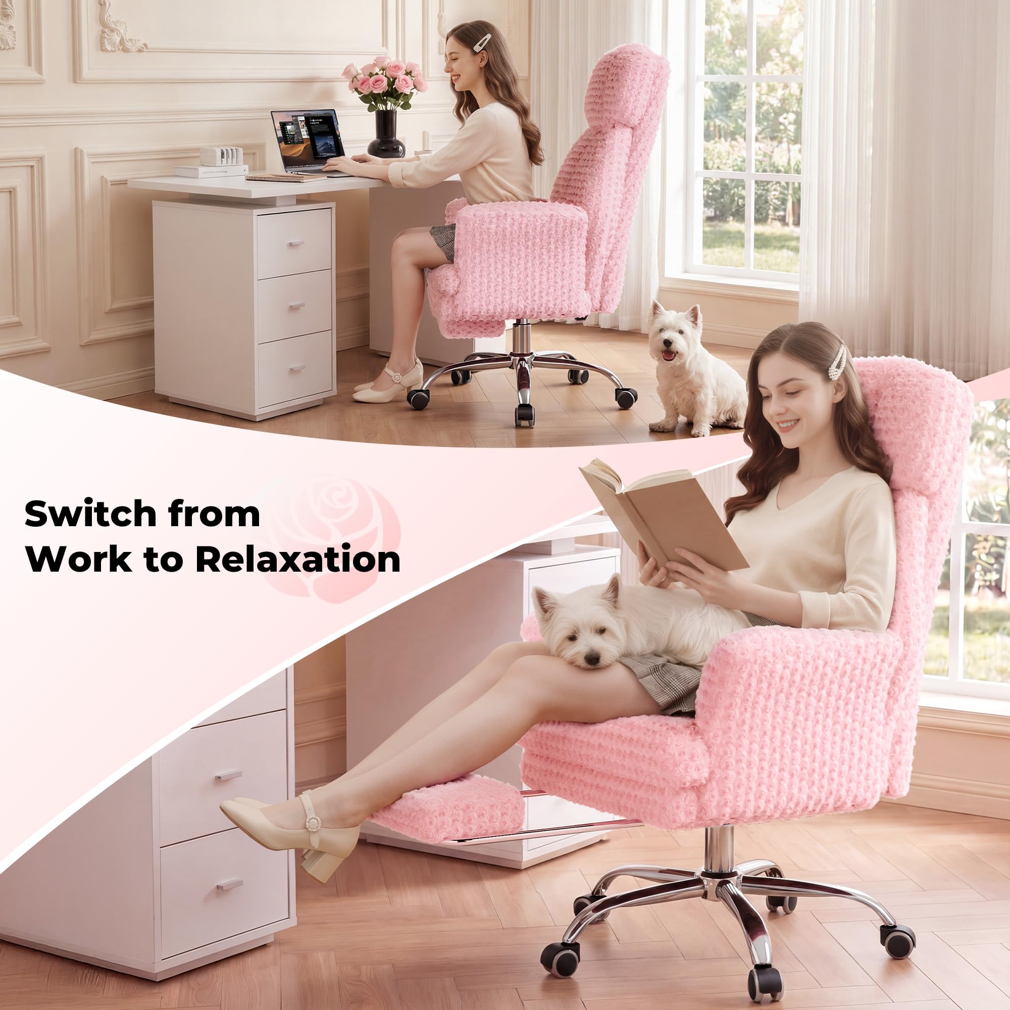 Big and Tall Office Chair, Flip Armrests for Pets & Cross Legged Sitting, Executive Ergonomic Computer Gaming Chair with Foot Rest, Rose Velvet Pink Wide Seat Reclining Desk Chair