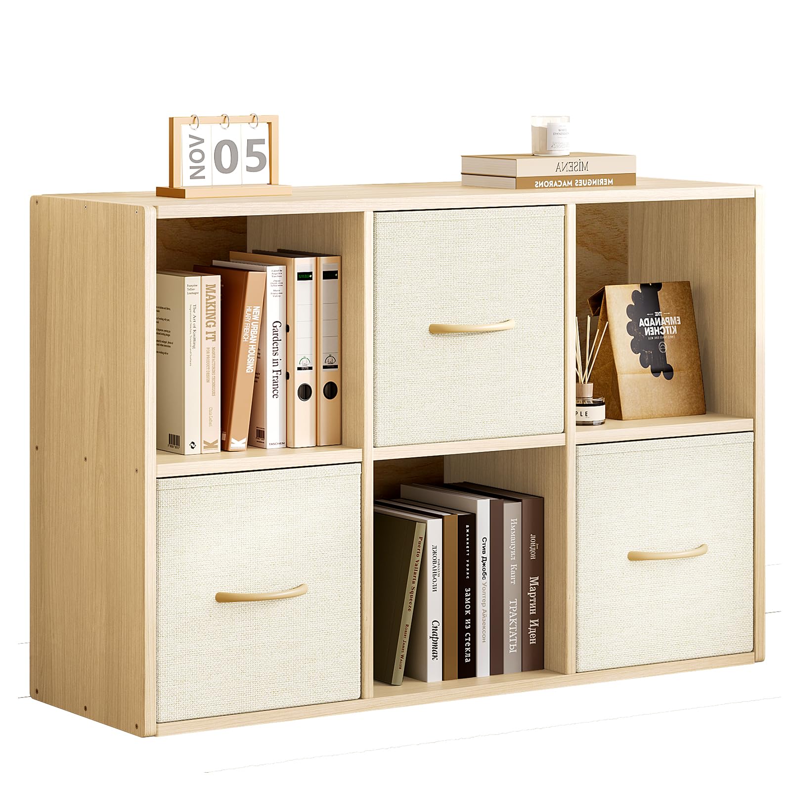 6 Cube Storage Organizer - Solid Wood Bookshelf with 3 Storage Bins, Cube Shelf with 2 Removable Back Panels, Vertical or Horizontal Bookcase, Open Book Shelf for Bedroom, Living Room, Office