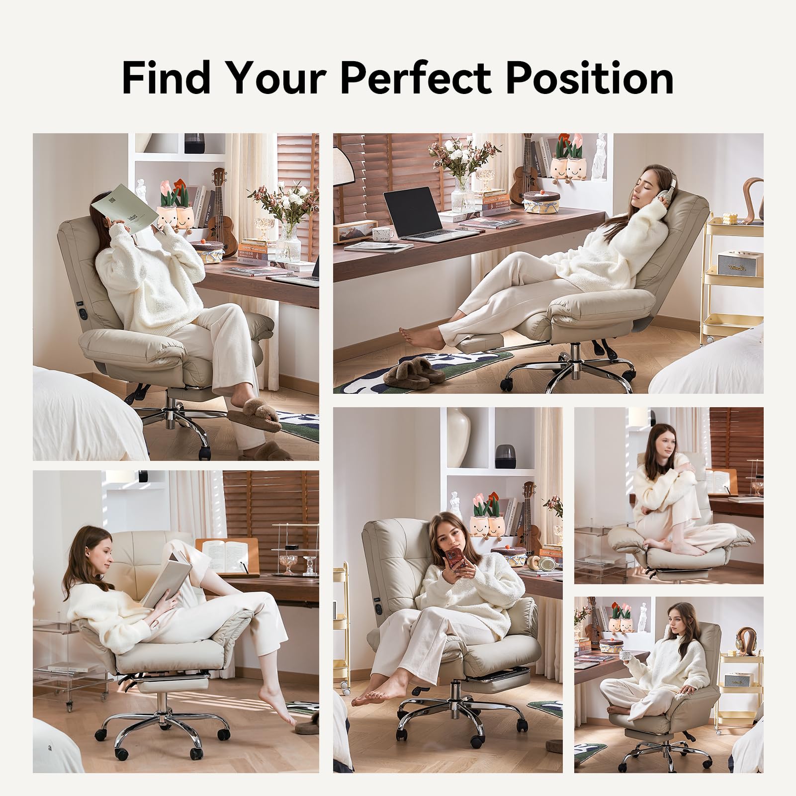 Heated and Massage Office Chair with Foot Rest Criss Cross Chair with Wheels and Flip-up Arms Reclining Desk Chair Comfy Wide Seat PU Leather Rolling Computer Home Office Chair (Beige)