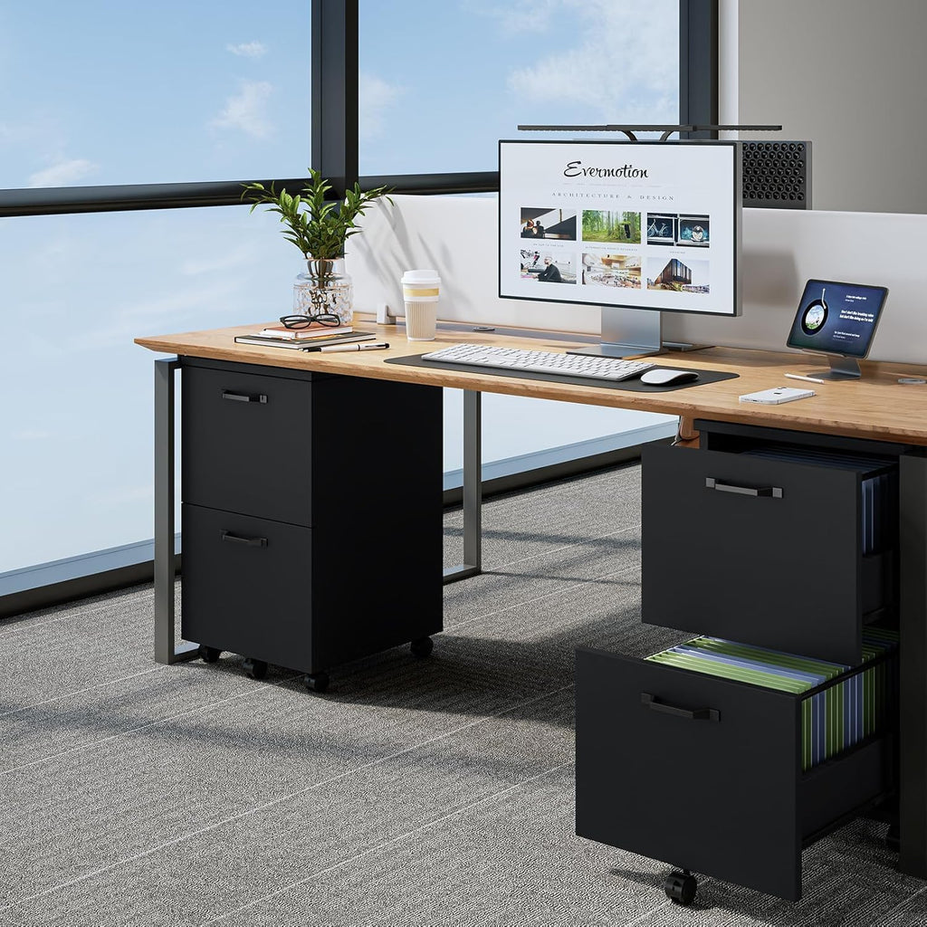 2 Drawer Filing Cabinet, Wood Rolling Filing Cabinets with Printer Stand, Under Desk Storage Lockable Wheels, Home Office Organizer for A4 Letter Legal Size Documents,Black
