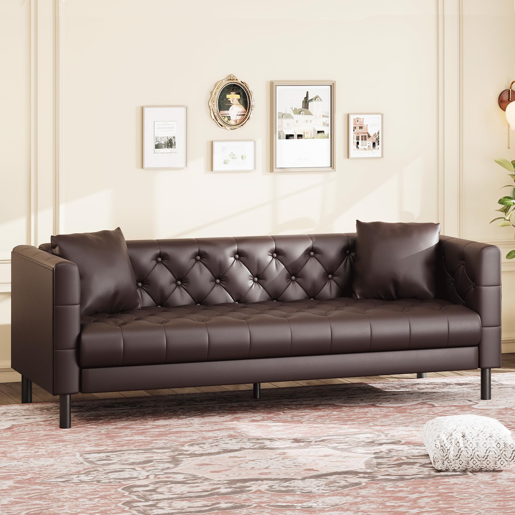 81 in Leather Couch, Modern Sofa Couch with Deep Seat and 2 Pillows, Handmade Button Tufted 3 Seater Sofa, Leather Sofa for Apartment or Office, Dark Brown