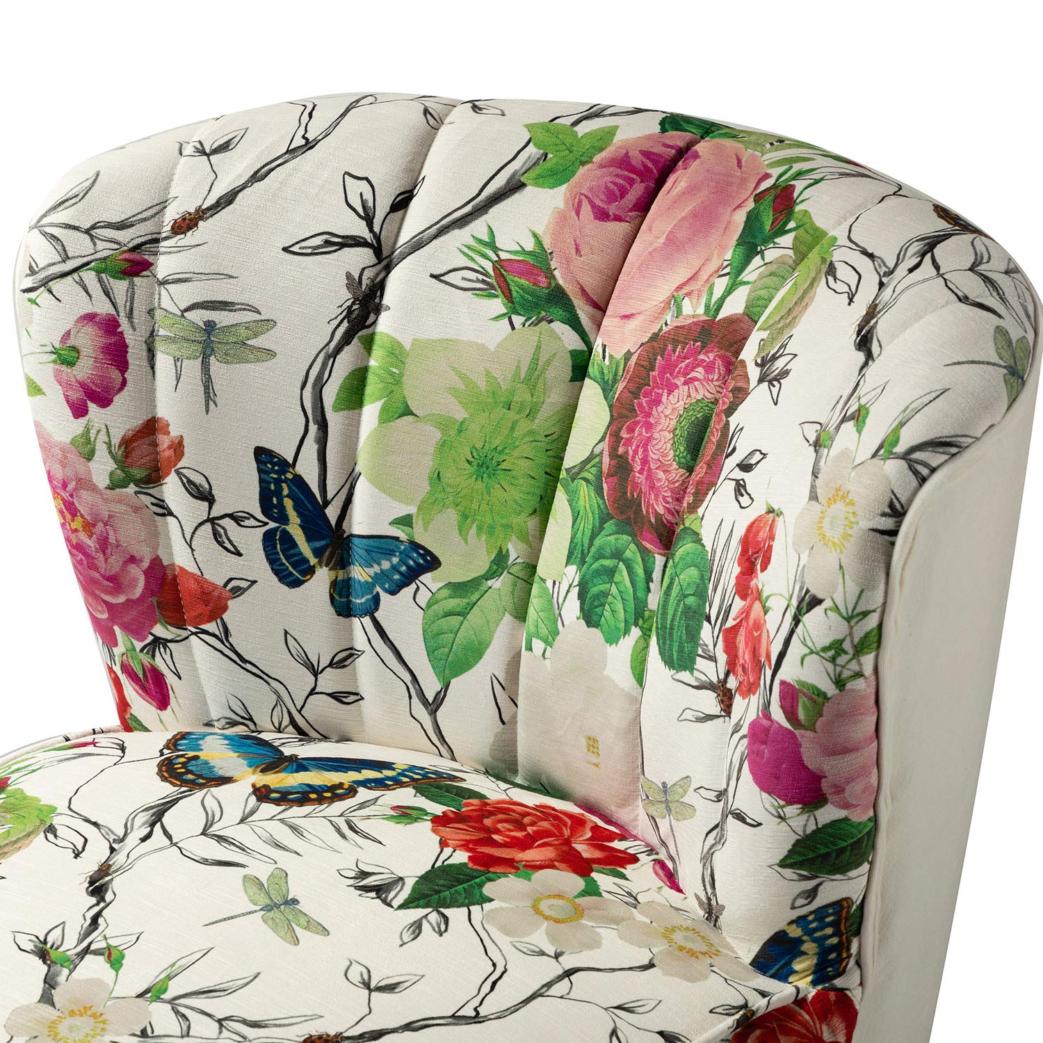 Armless Accent Chair with Gold Metal Legs, Comfy Tufted Floral Fabric Living Room Chair Wingback Small Side Chair, Upholstered Slipper Chair for Bedroom, Reading Room (Print Flower, IVORY)