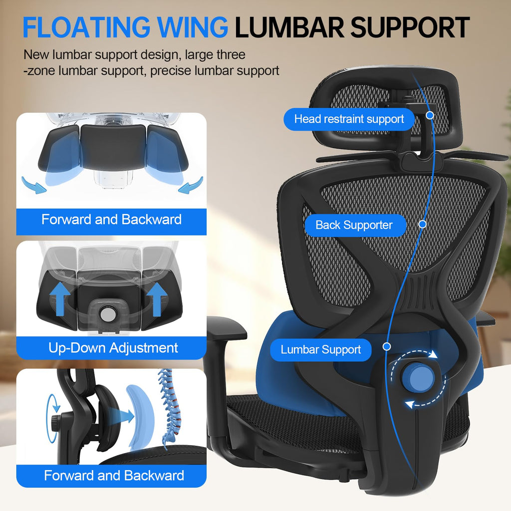 Ergonomic Mesh Office Chair, Home Desk Chair with Adjustable Lumbar Support, 3D Headrest and Armrests, Reclining Big and Tall High Back Computer Gaming Chair for Man Women, 350lbs, Black