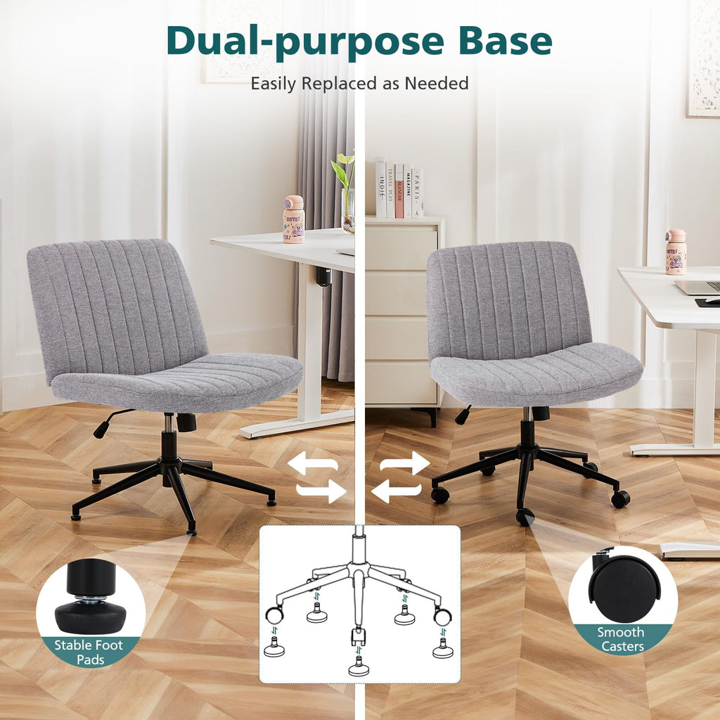 Criss Cross Chair with Wheels Wide Cross Legged Office Desk Vanity Chair Comfy Fabric Armless Height Adjustable Swivel for Home Computer Task Gray