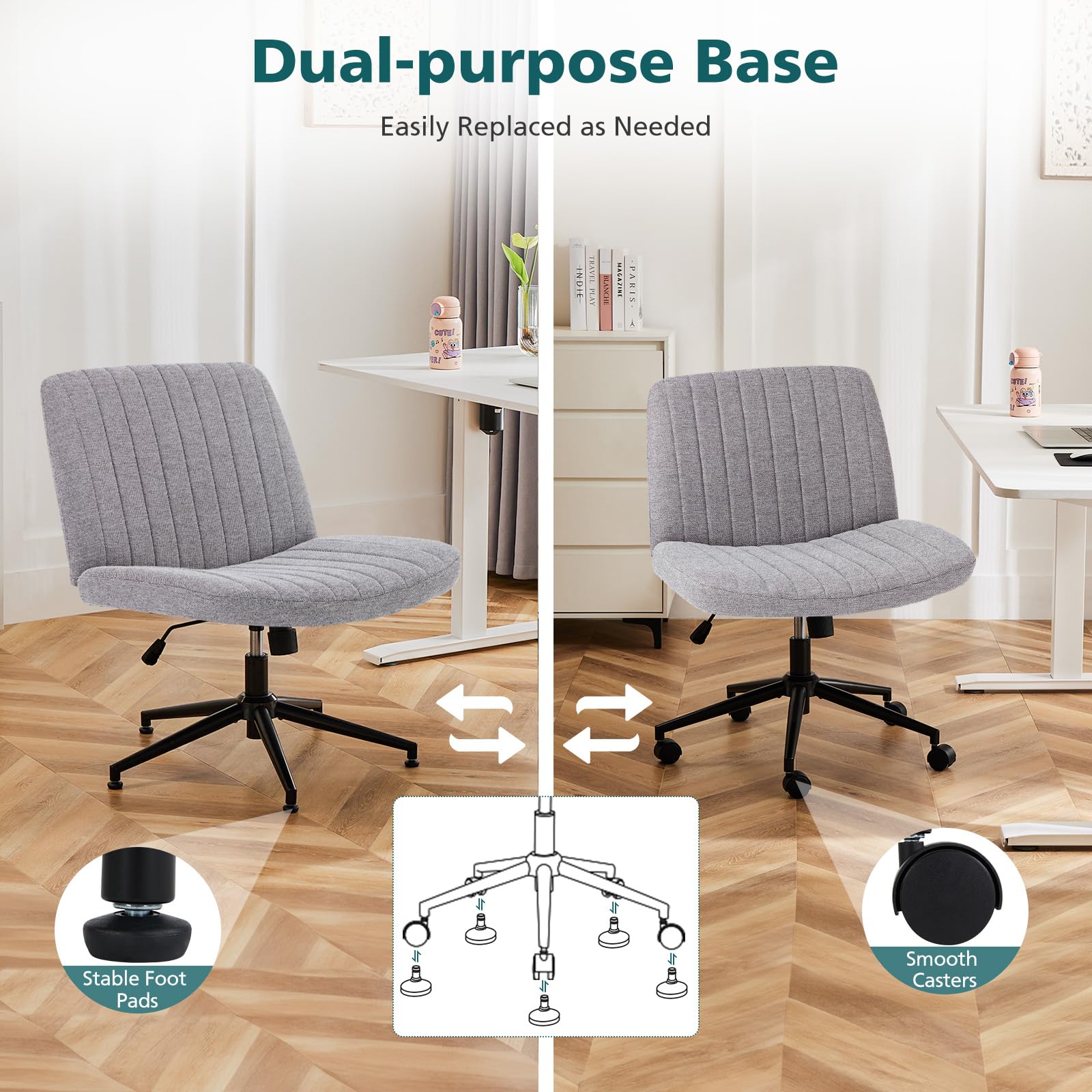 Criss Cross Chair with Wheels Wide Cross Legged Office Desk Vanity Chair Comfy Fabric Armless Height Adjustable Swivel for Home Computer Task Gray