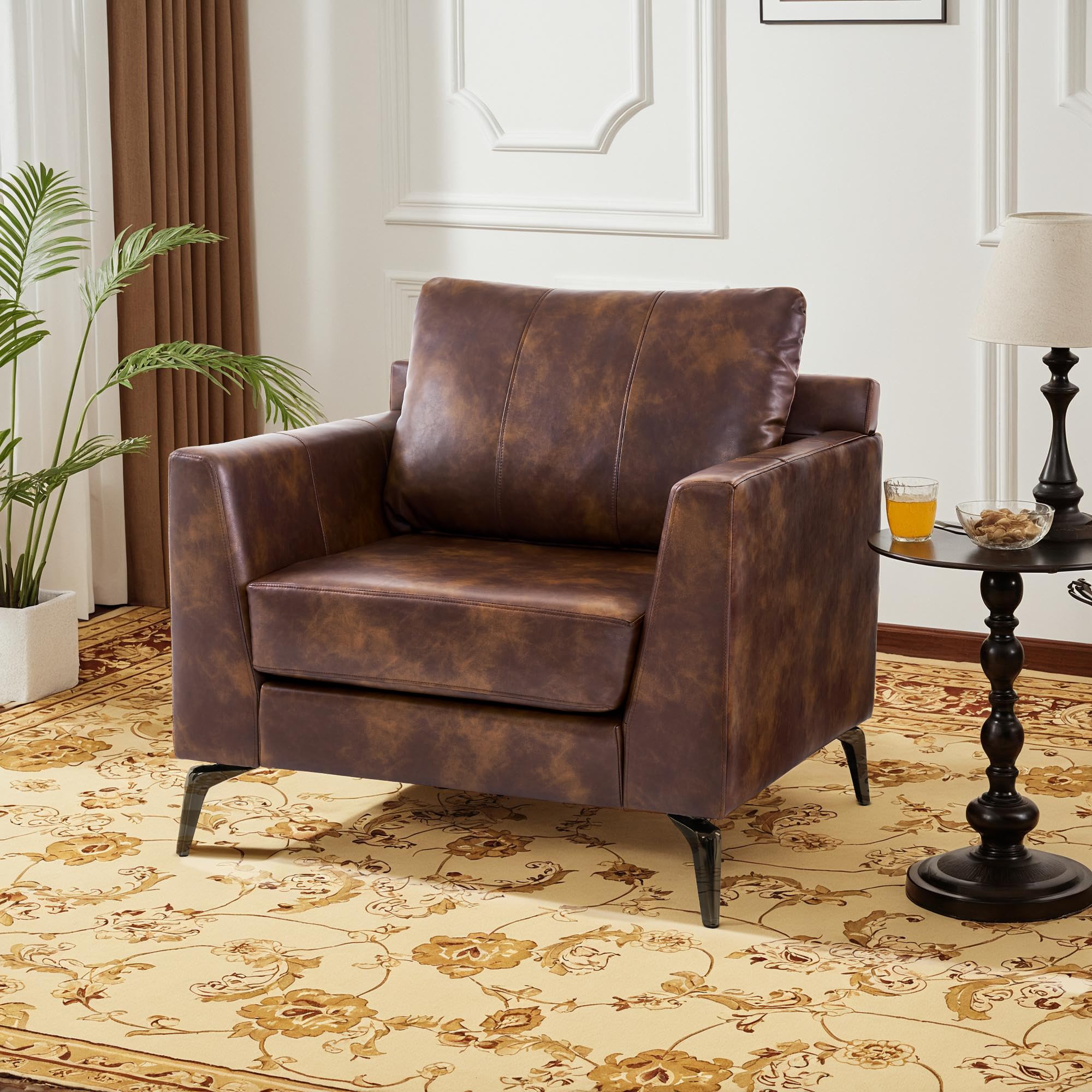 Modern Accent Chair, Faux Leather Upholstered Lounge Armchair, Single Sofa Chairs for Living Room Office 4629 (1, Brown)