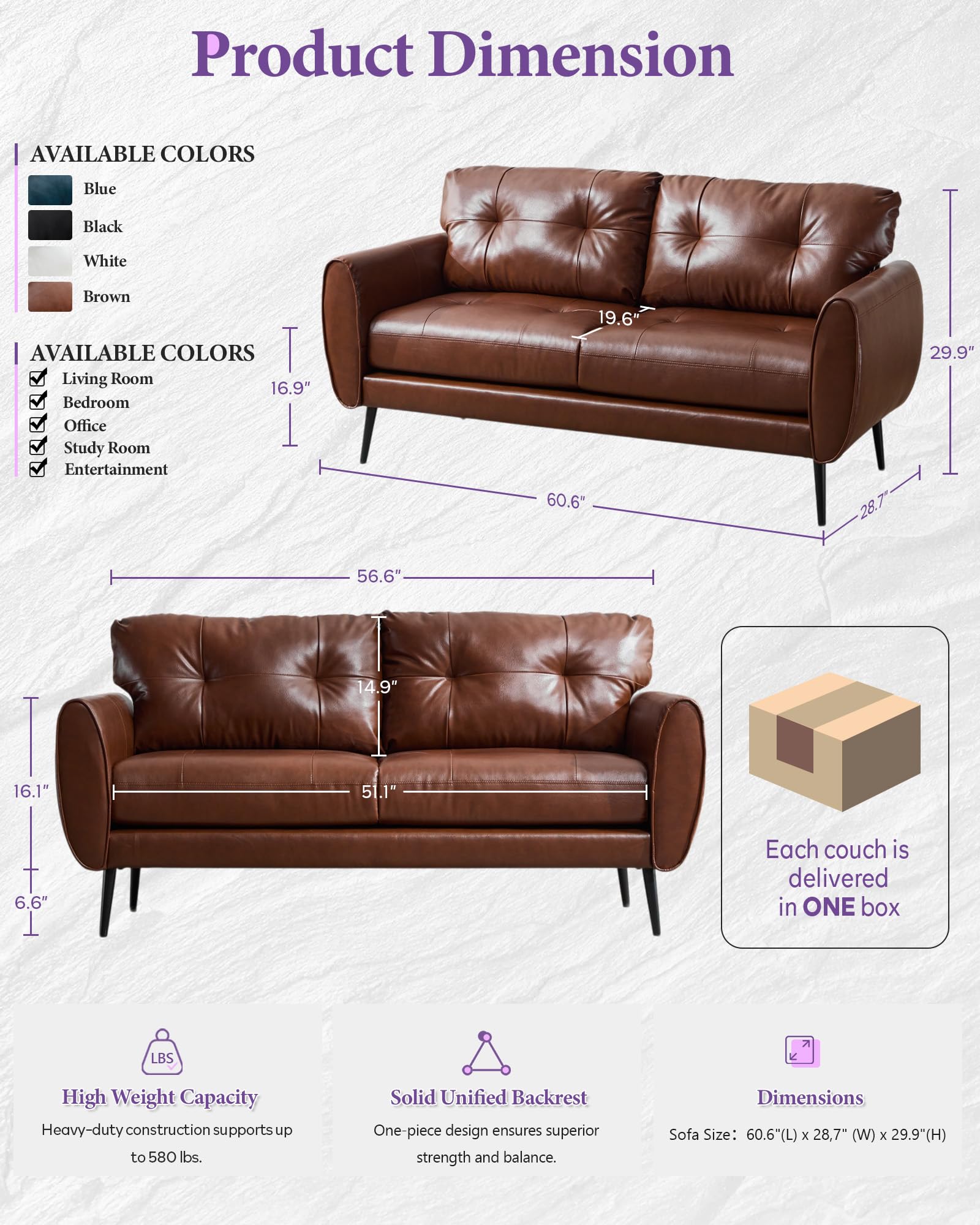 Sofa Couch 61" Small Loveseat Couches for Living Room Chestnut Brown Leather Couch Mid Century Modern Tufted Mini Sofa Comfy Office 2 Seat Settee Love Seat for Small Spaces Bedroom