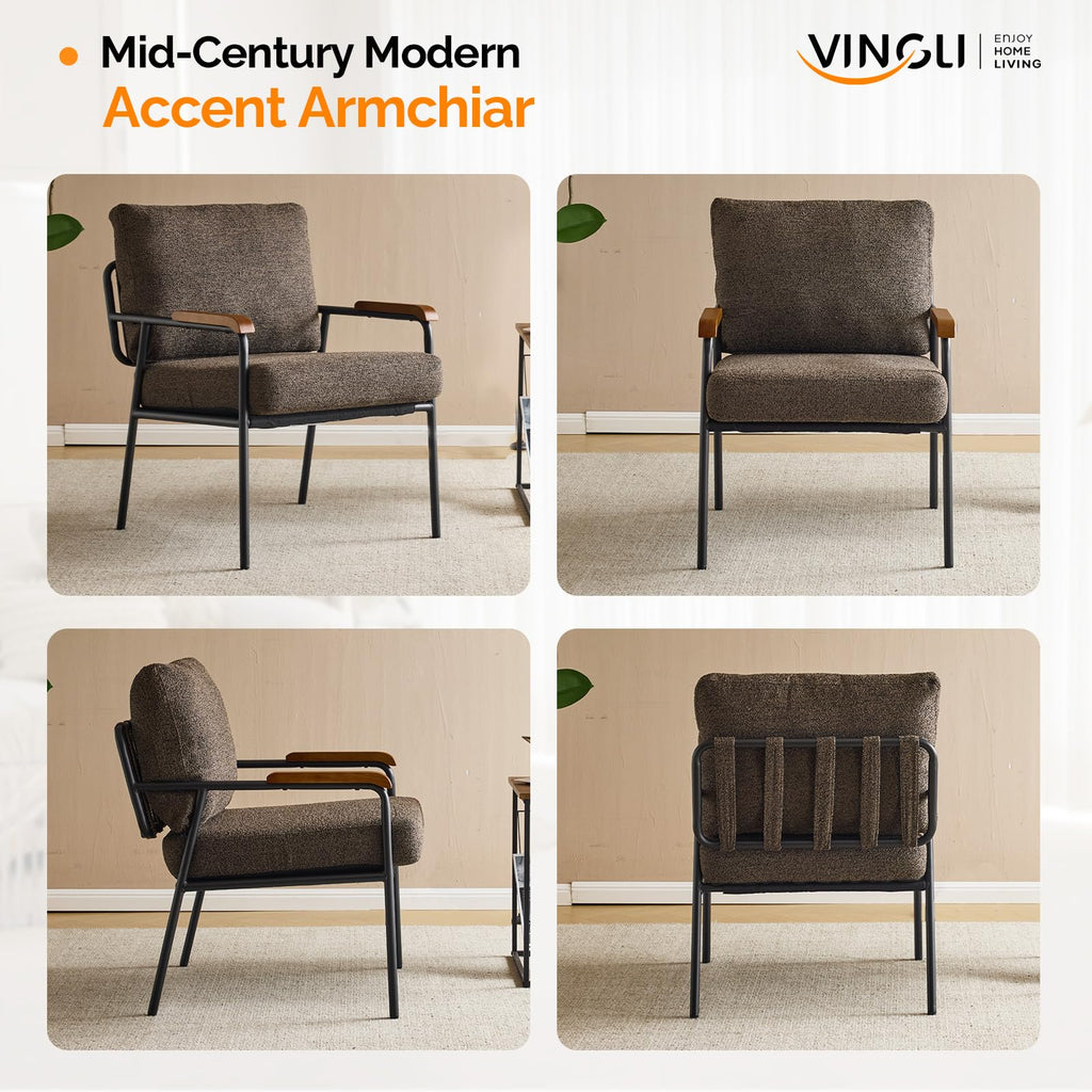 Mid-Century Modern Accent Armchair for Office, Small Comfy Upholstered Leisure Reading Chair with Wood Armrest for Office, Bedroom, Living Room, Waiting Room, Linen Expresso