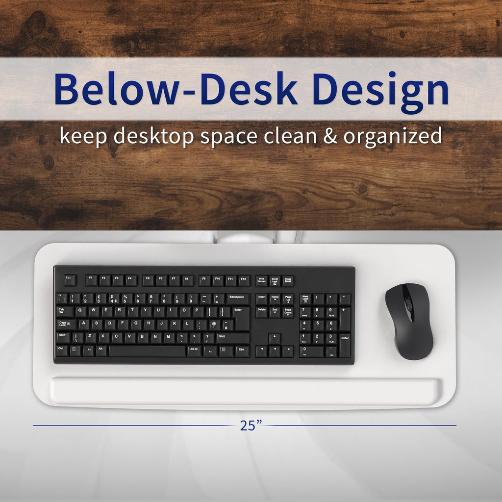 Adjustable 25 x 10 inch Computer Keyboard and Mouse Platform Tray Ergonomic Under Table Desk Mount Drawer Underdesk Shelf, White