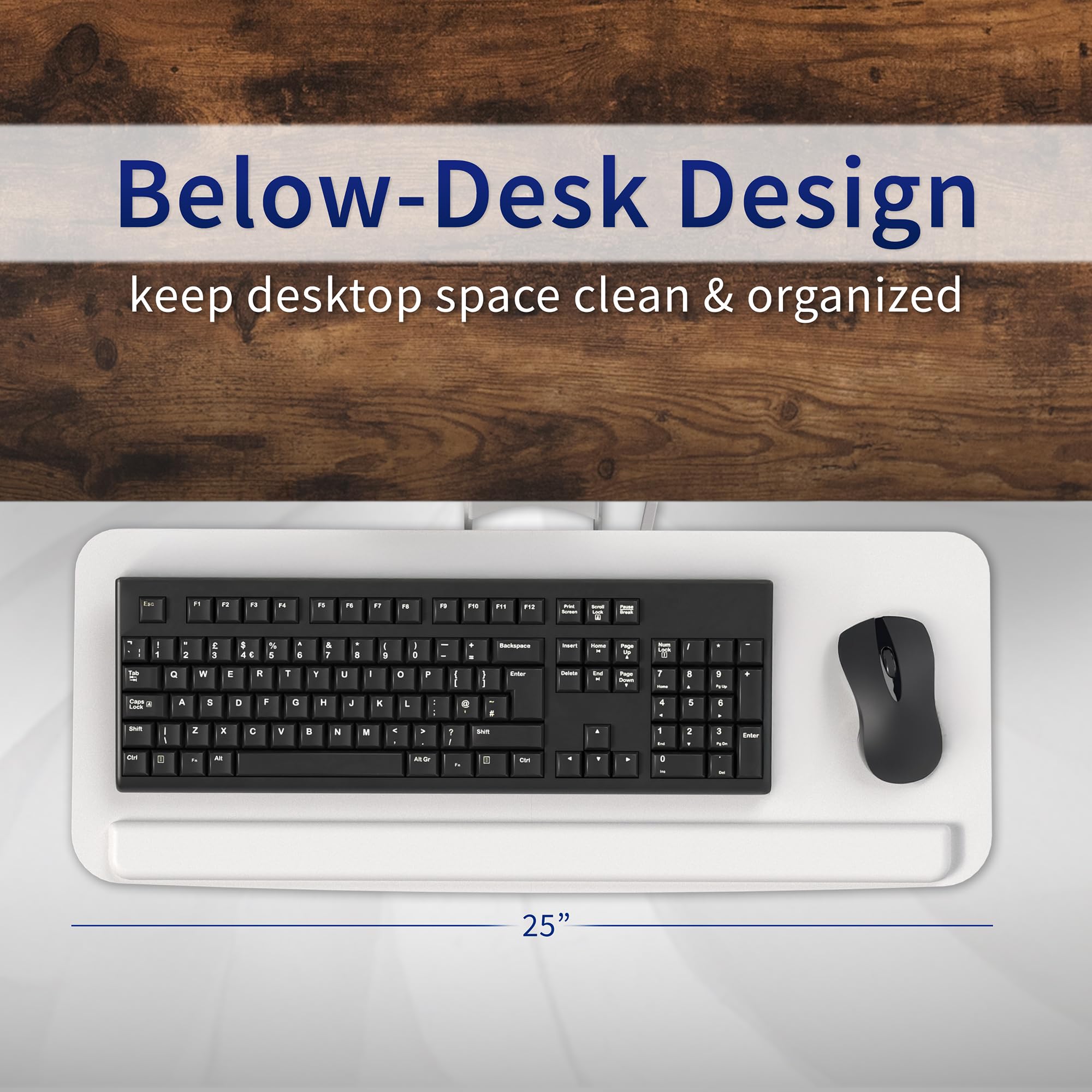 Adjustable 25 x 10 inch Computer Keyboard and Mouse Platform Tray Ergonomic Under Table Desk Mount Drawer Underdesk Shelf, White