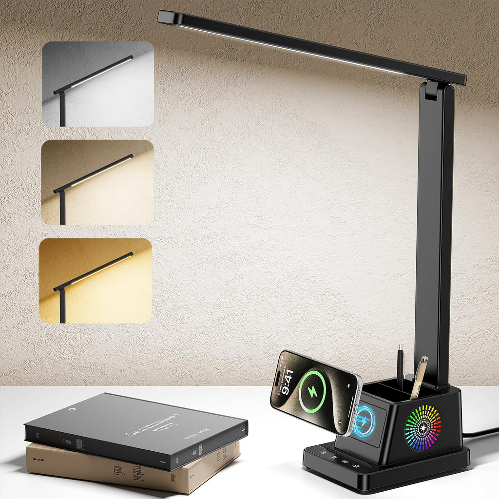 LED Desk Lamp for Home Office,15W Wireless Charger Pen Holder, Black