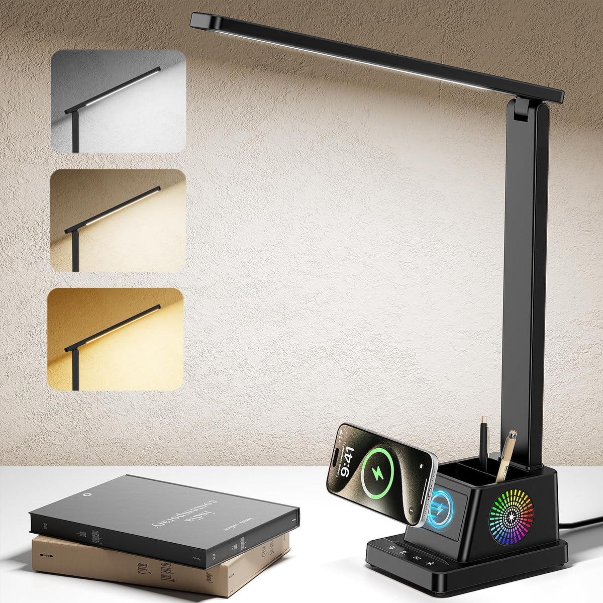 LED Desk Lamp for Home Office,15W Wireless Charger Pen Holder, Black