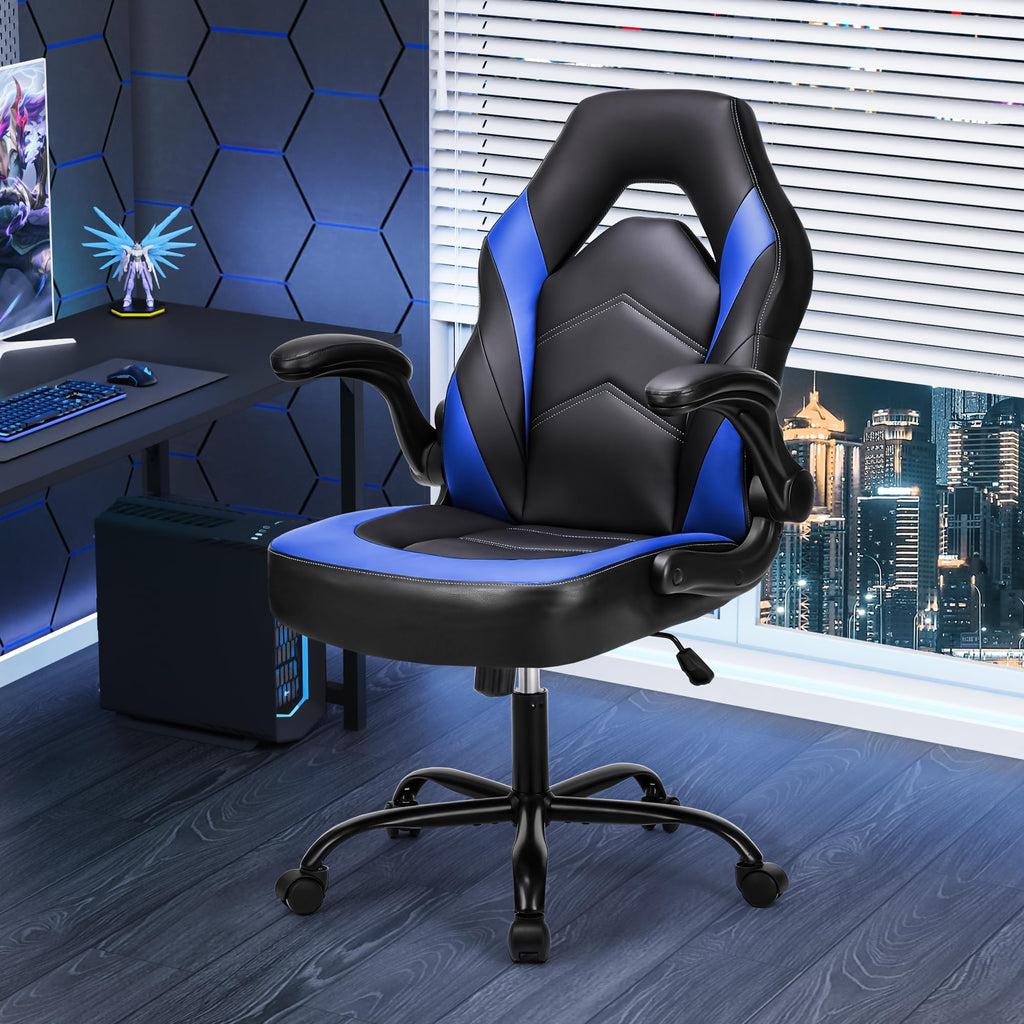 Computer Video Game Desk Chair - Ergonomic Comfy Lumbar Support, PU Leather with Flip-up Armrest, Height Adjustable and 360° Swivel, for Adults, Black Blue