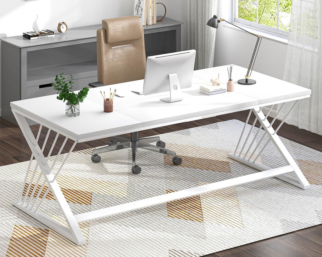 70.9" Modern Computer Desk with Z-Shaped Legs, Industrial Executive Home Office Desk for 2 Person, Large Writing Study Table for Bedroom, Gaming Workstation, White