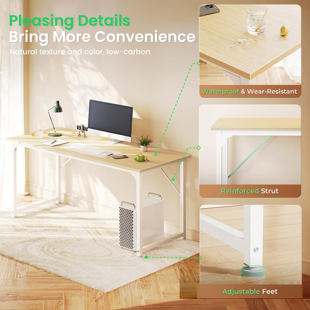 Computer Desk, 54 Inch Office Desk, Gaming Desk with Storage, Writing Desk Work Desk for Home Office, Study, Modern Simple Desk, Large Legroom, Metal Frame, Maple