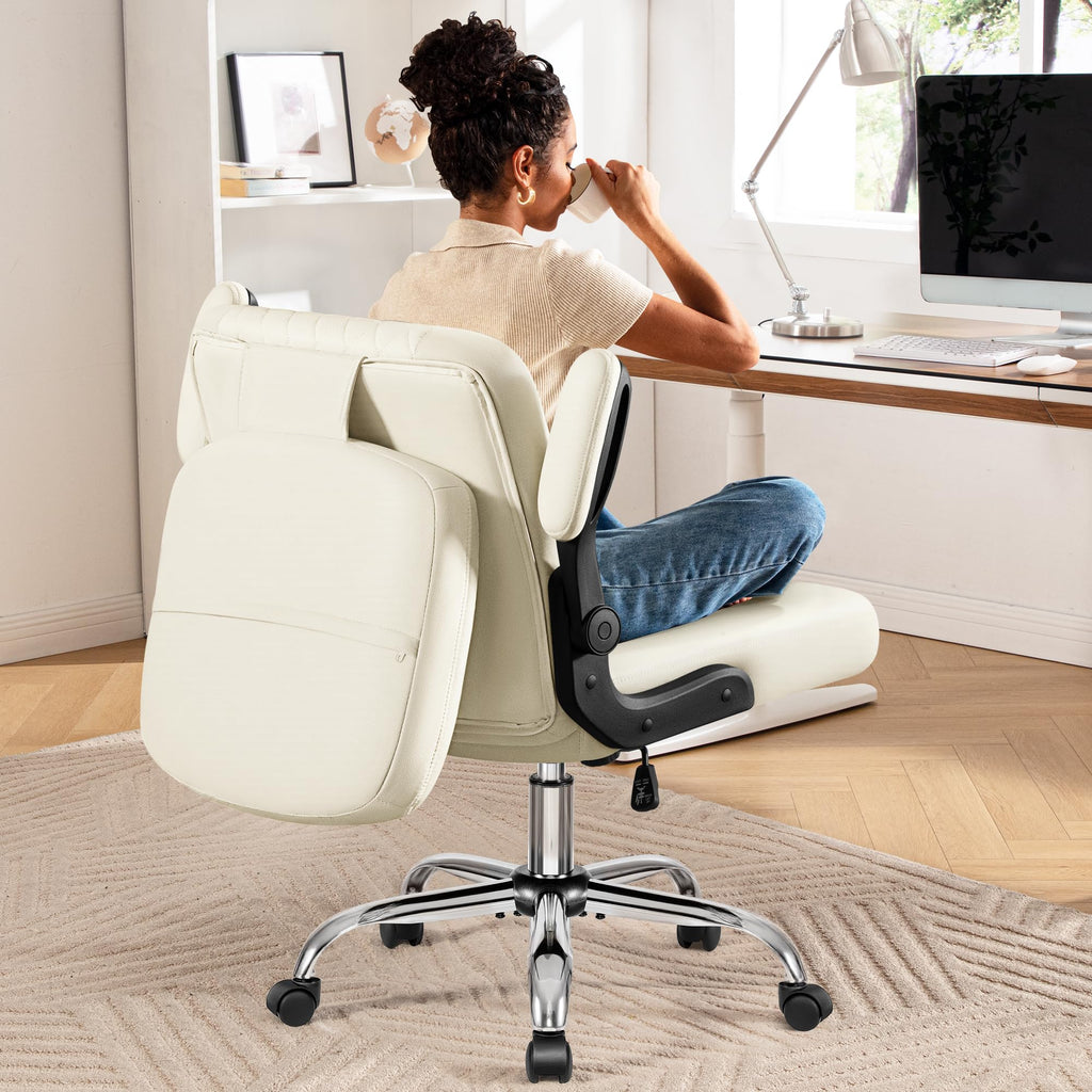 Criss Cross Office Chair with 2-in-1 Flip Backrest – Ergonomic PU Leather Floor Sitting Chair, Adjustable Height, 360° Swivel & Flip-Up Arms, Extra-Wide Seat for Home Office, Vanity, Nail Salon-White