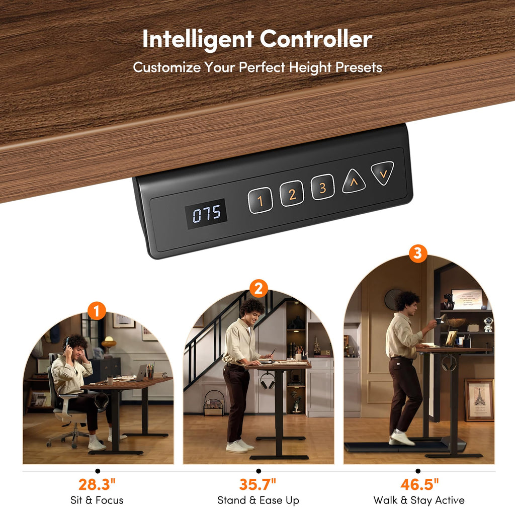 48 x 24 Inchs Electric Standing Desk, Height Adjustable, Sit Stand Up, Computer Office Desk with Splice Board, Black Frame/Black Walnut Top