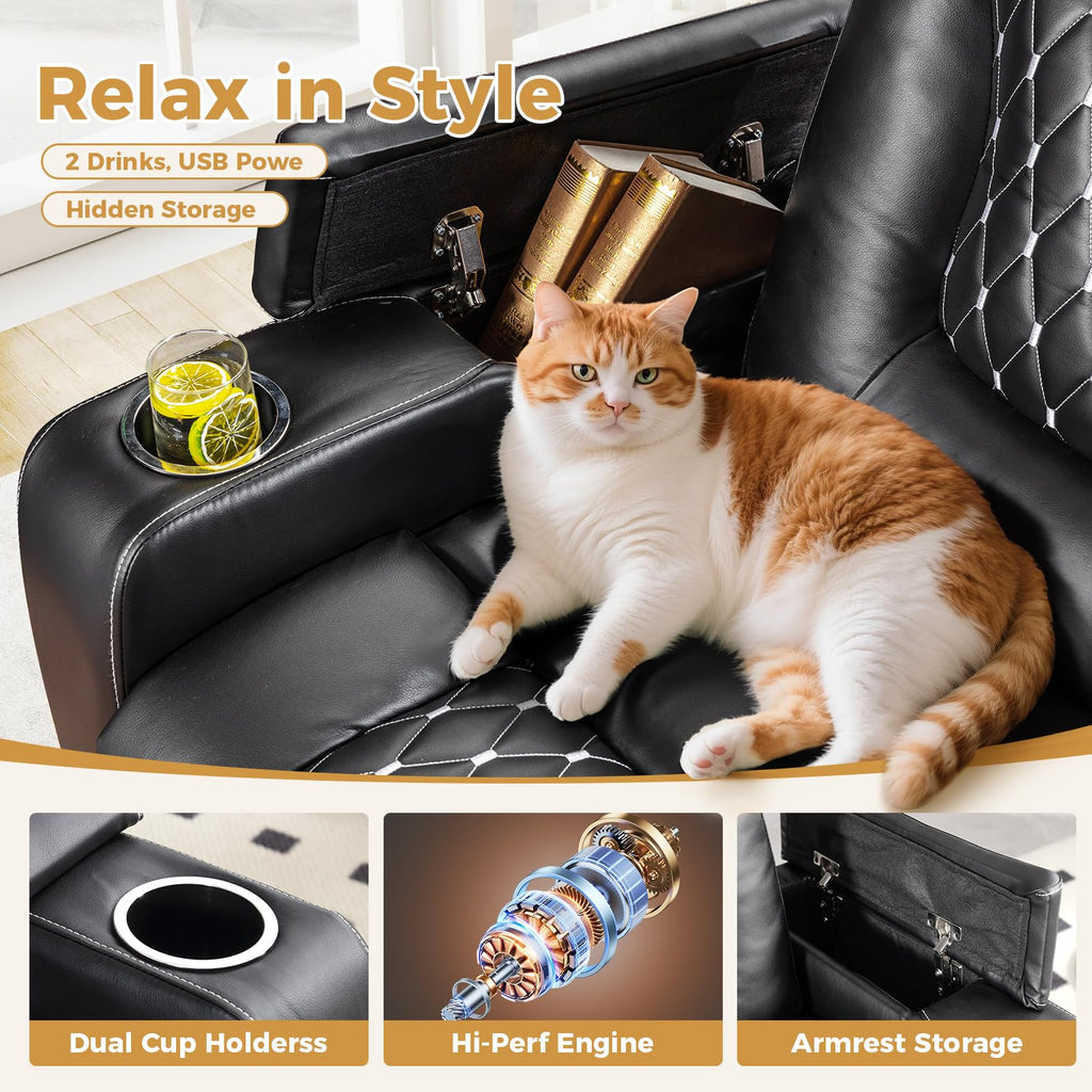 (Set of 2, Black) Power Recliner Chair with USB Ports and Cup Holders - Overstuffed Electric Home Theater Seating PU Leather Reclining Furniture with Hidden Arm Storage, Easy to Clean