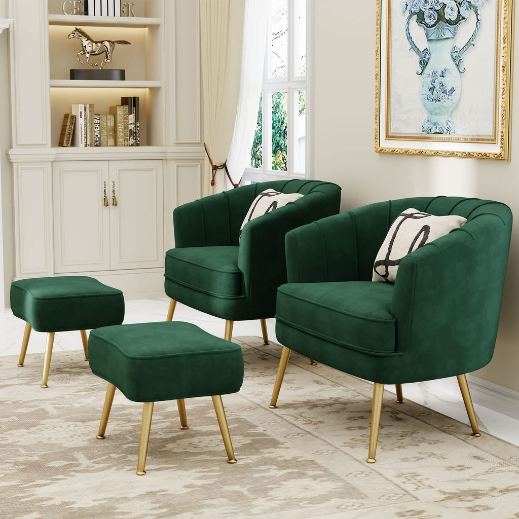 Velvet Accent Chair with Ottoman, Upholstered Modern Single Sofa Side Chair,Comfy Barrel Club Living Room Armchair with Golden Metal Legs for Office Bedroom Living Reading Room, Green