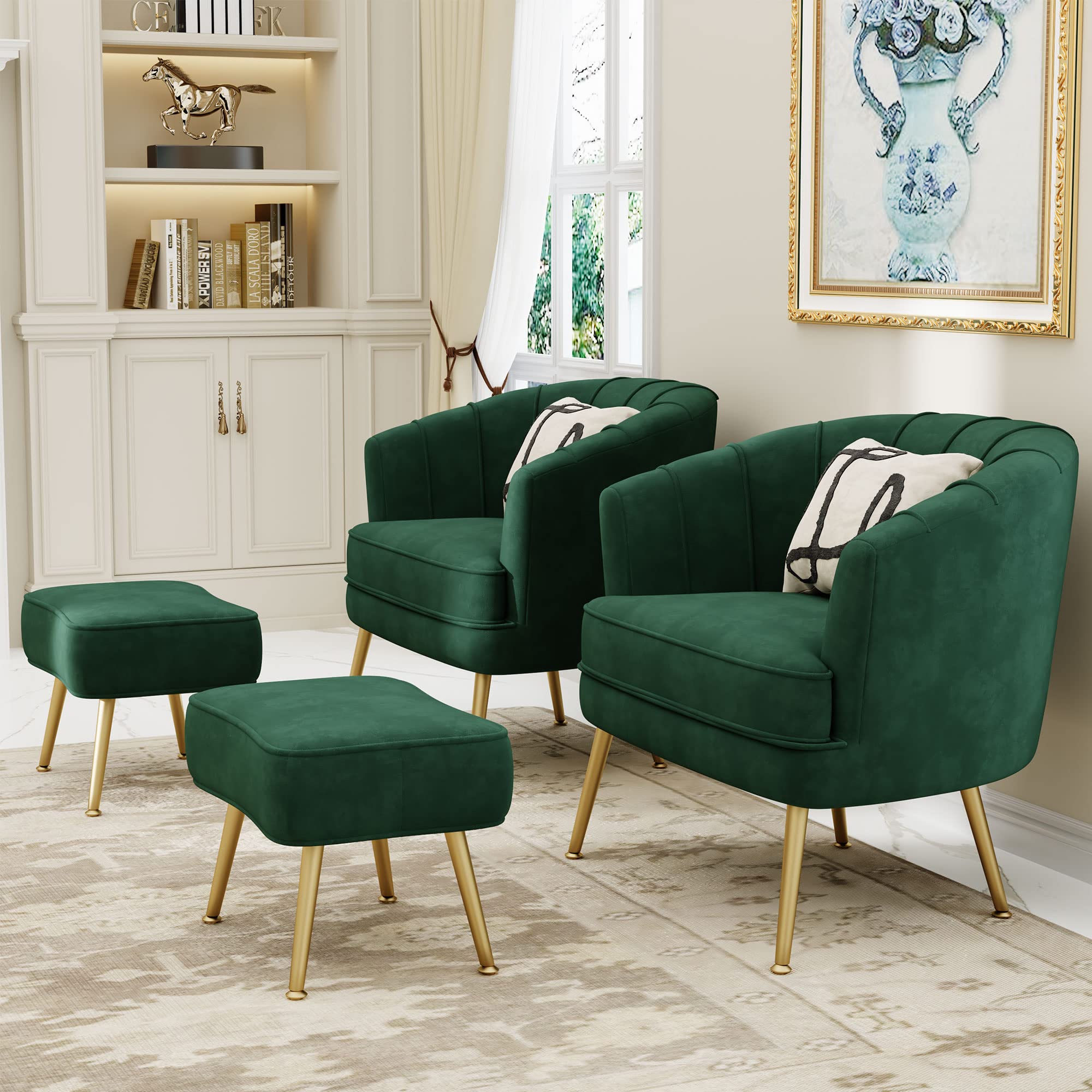 Velvet Accent Chair with Ottoman, Upholstered Modern Single Sofa Side Chair,Comfy Barrel Club Living Room Armchair with Golden Metal Legs for Office Bedroom Living Reading Room, Green