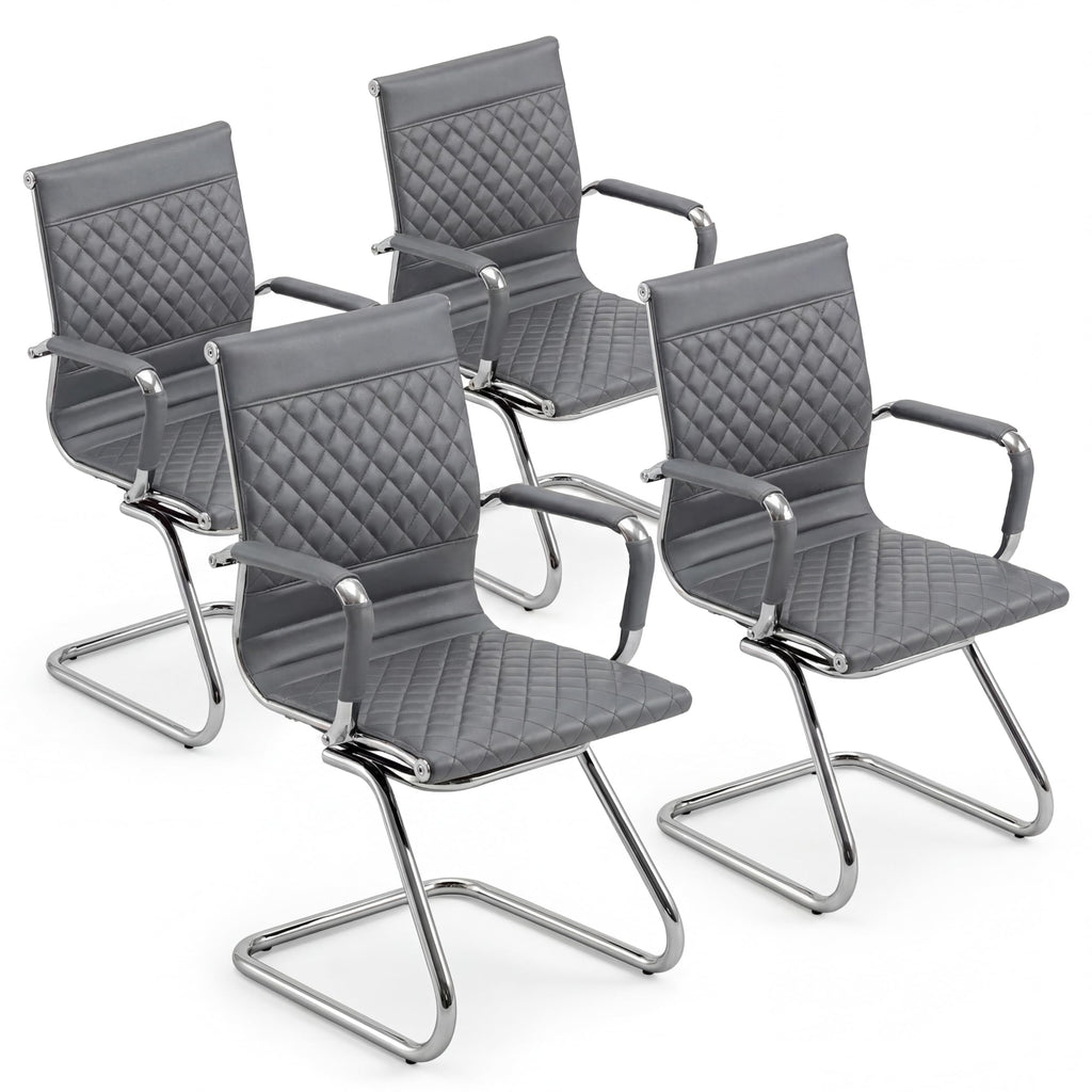 Office Chairs Set of 4 - PU Leather Desk Chair No Wheels with Arms - 400LB Capacity Sled Base Waiting Room Chairs, Modern Conference Chair for Home Office, Lobby, School Grey