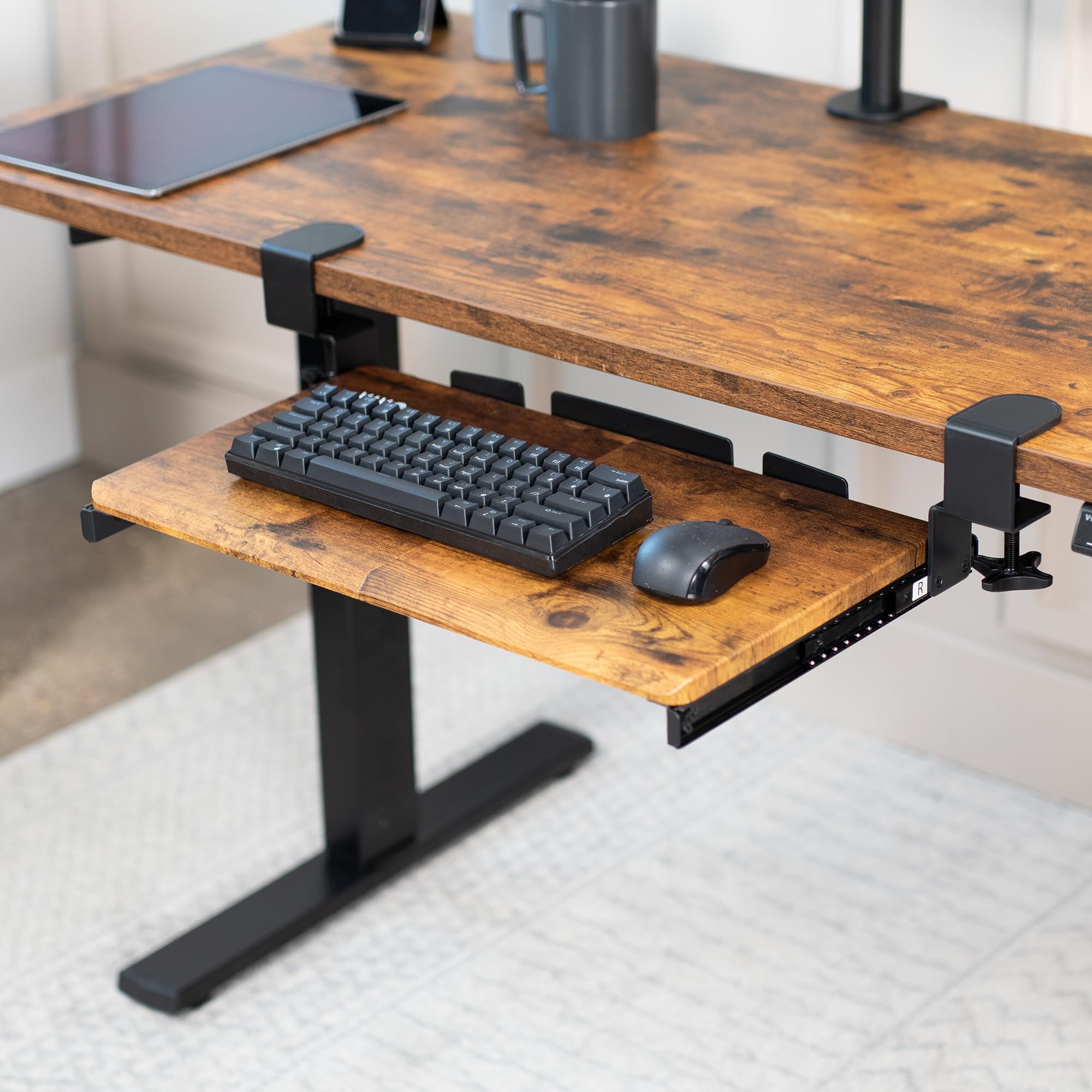 Small Keyboard Tray, Under Desk Pull Out with Extra Sturdy C Clamp Mount System, 20 (26 with Clamps) x 11 inch Slide-Out Platform Drawer, Rustic Vintage Brown Top, Black Frame