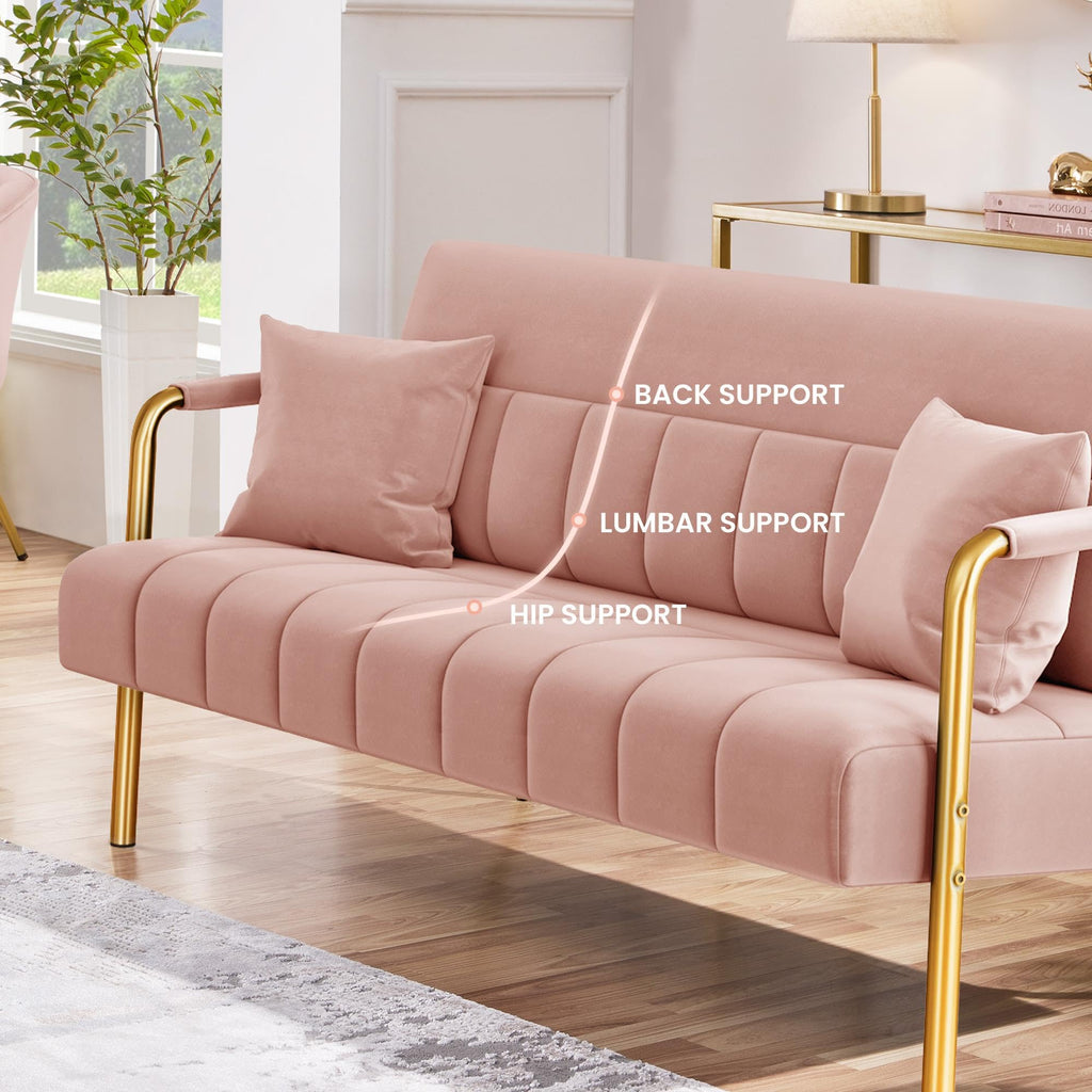 56.5" W Modern Sofa Small Sofa Luxurious Velvet Fabric Couch with Gold-Tone Metal Arms and Legs for Living Room, Office, Studio Pink